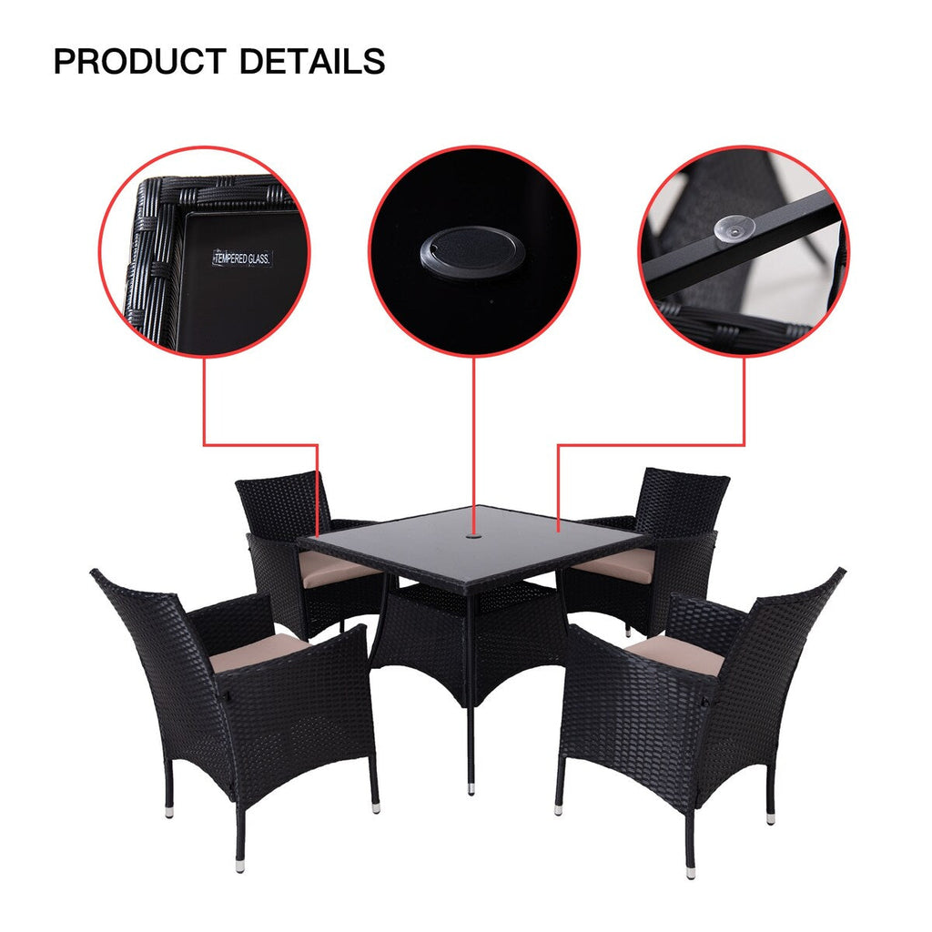 Ensemble de salle à manger d'extérieur en osier 5 pièces avec coussins et table