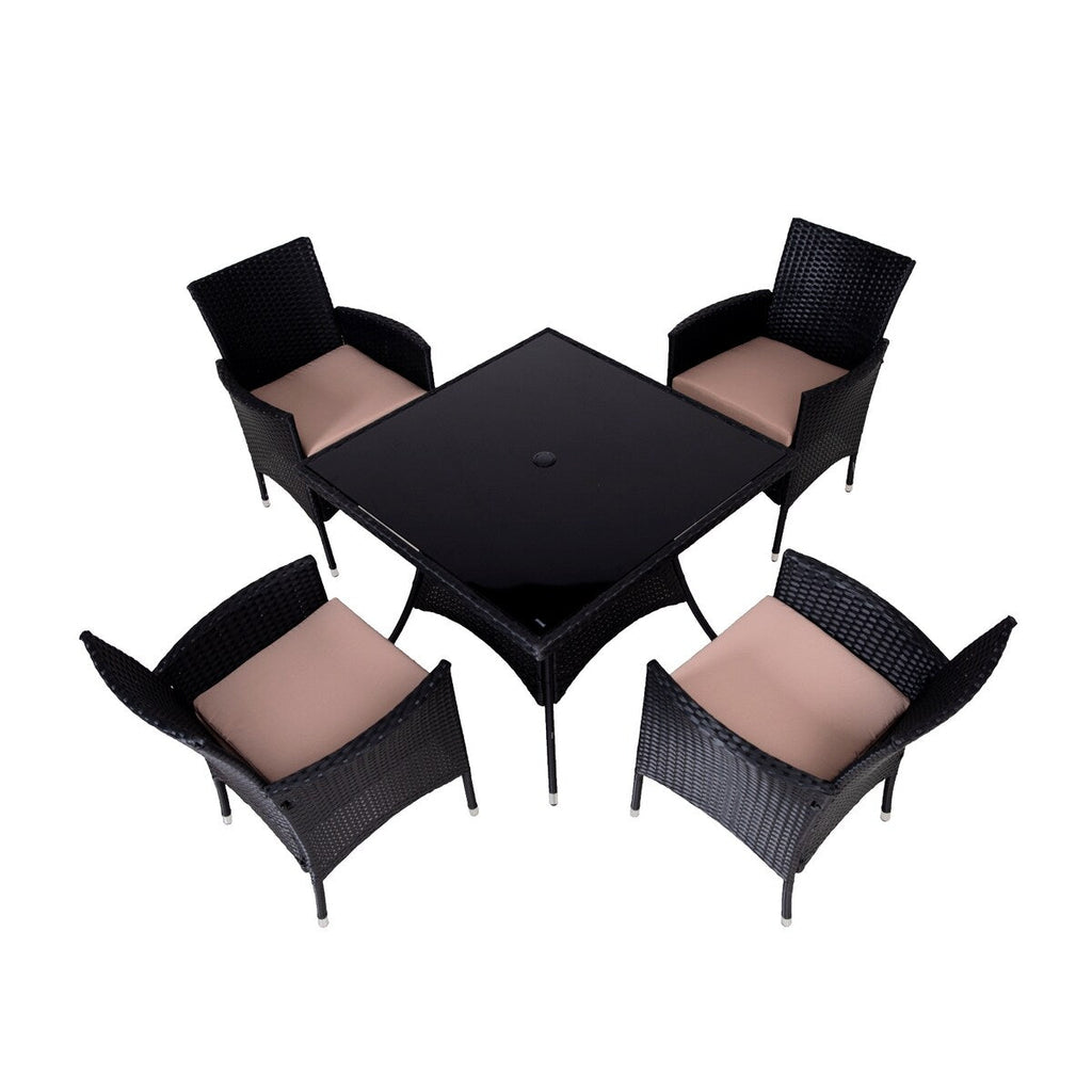 Ensemble de salle à manger d'extérieur en osier 5 pièces avec coussins et table