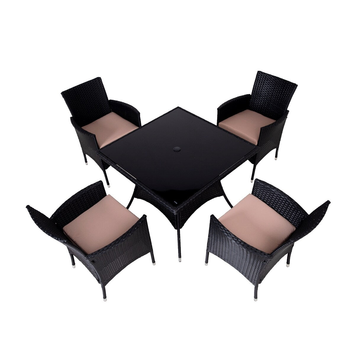 Ensemble de salle à manger d'extérieur en osier 5 pièces avec coussins et table