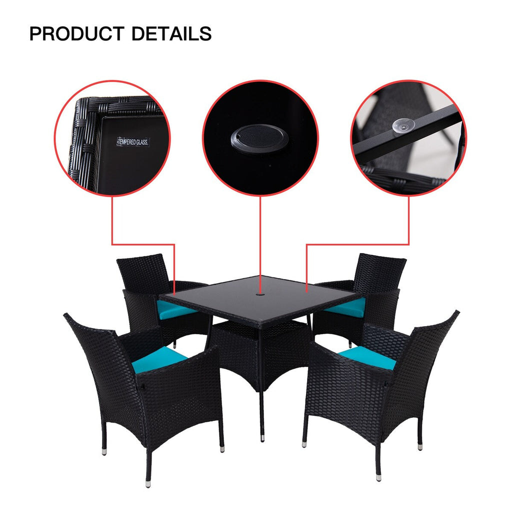 Ensemble de salle à manger d'extérieur en osier 5 pièces avec coussins et table