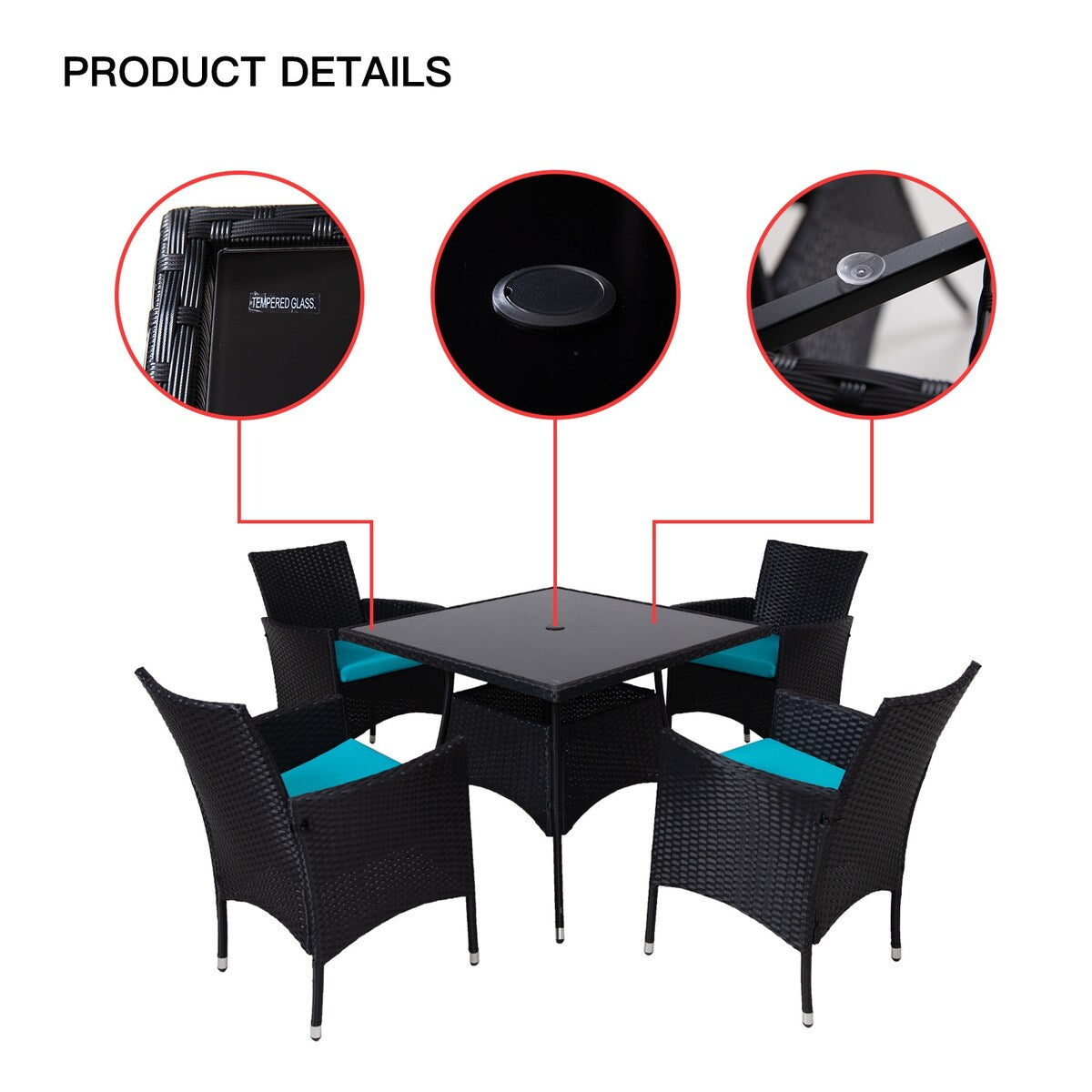 Ensemble de salle à manger d'extérieur en osier 5 pièces avec coussins et table