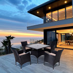 Ensemble de salle à manger d'extérieur en osier 5 pièces avec coussins et table