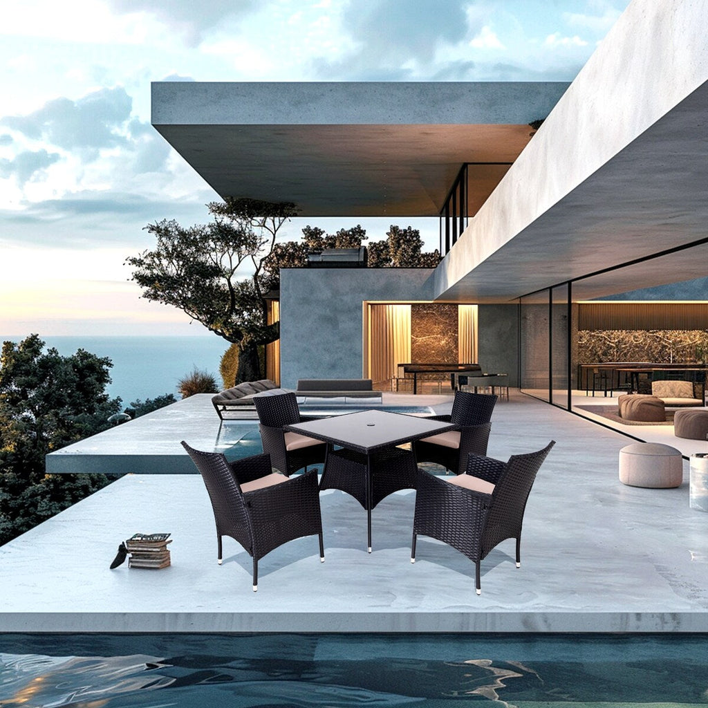 Ensemble de salle à manger d'extérieur en osier 5 pièces avec coussins et table