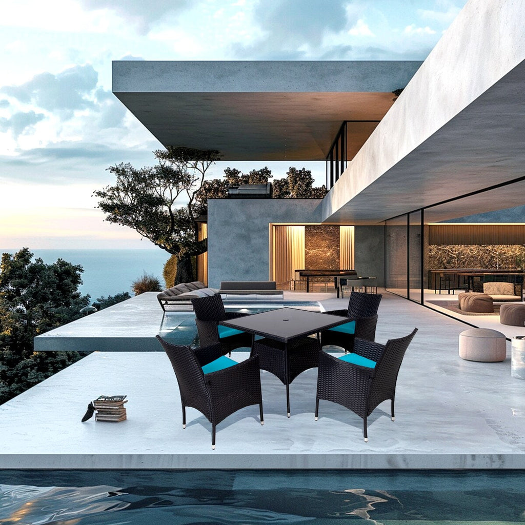 Ensemble de salle à manger d'extérieur en osier 5 pièces avec coussins et table