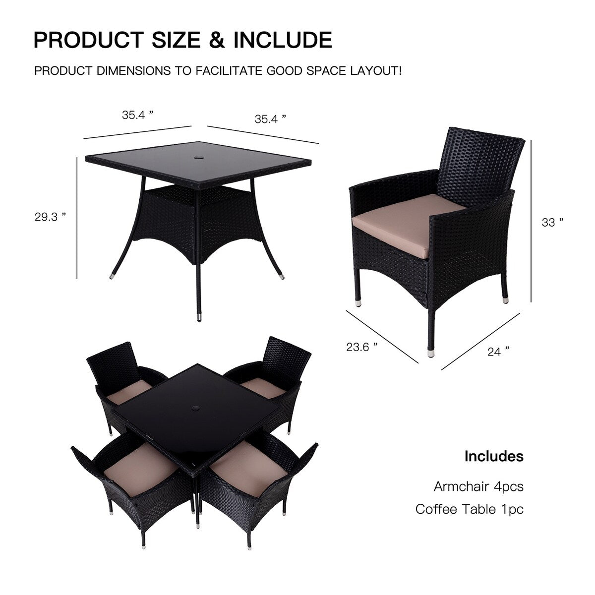 Ensemble de salle à manger d'extérieur en osier 5 pièces avec coussins et table