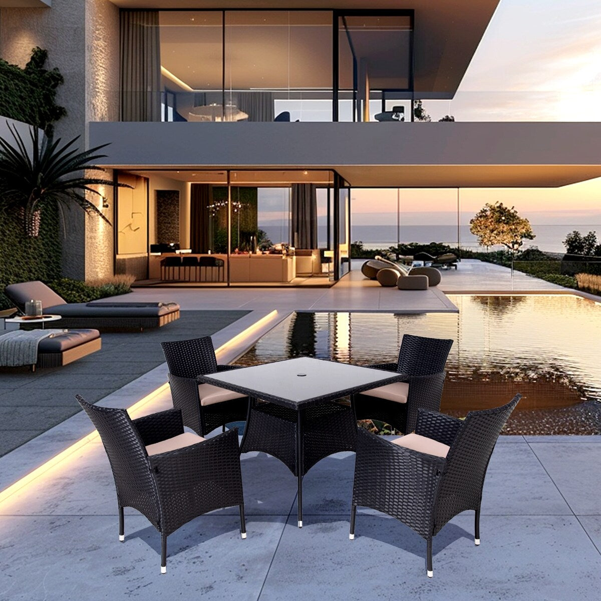 Ensemble de salle à manger d'extérieur en osier 5 pièces avec coussins et table