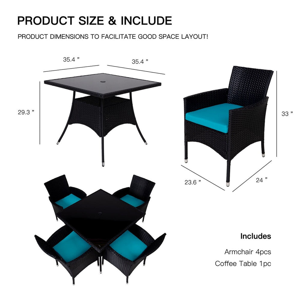 Ensemble de salle à manger d'extérieur en osier 5 pièces avec coussins et table