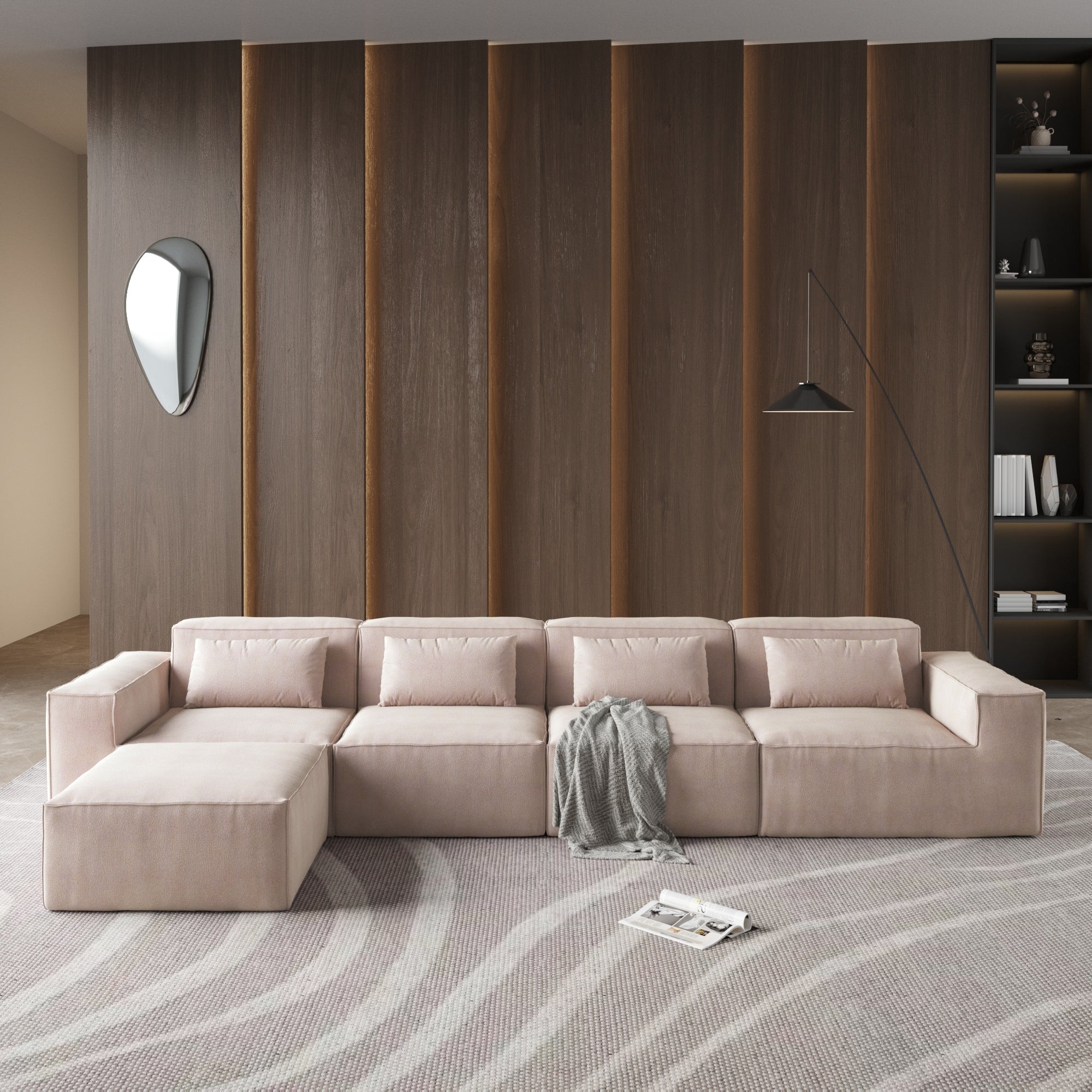 Canapé modulable en velours côtelé 5 places en forme de L avec plusieurs coussins