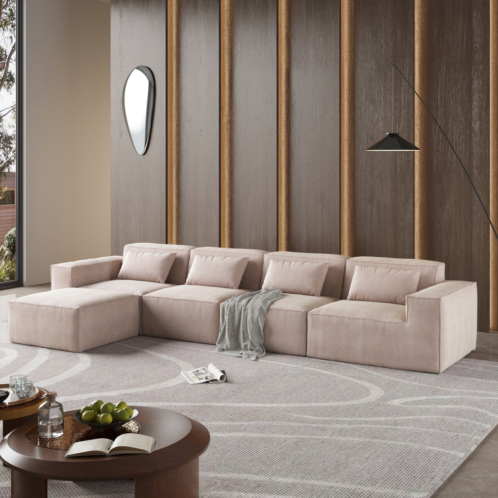 Canapé modulable en velours côtelé 5 places en forme de L avec plusieurs coussins