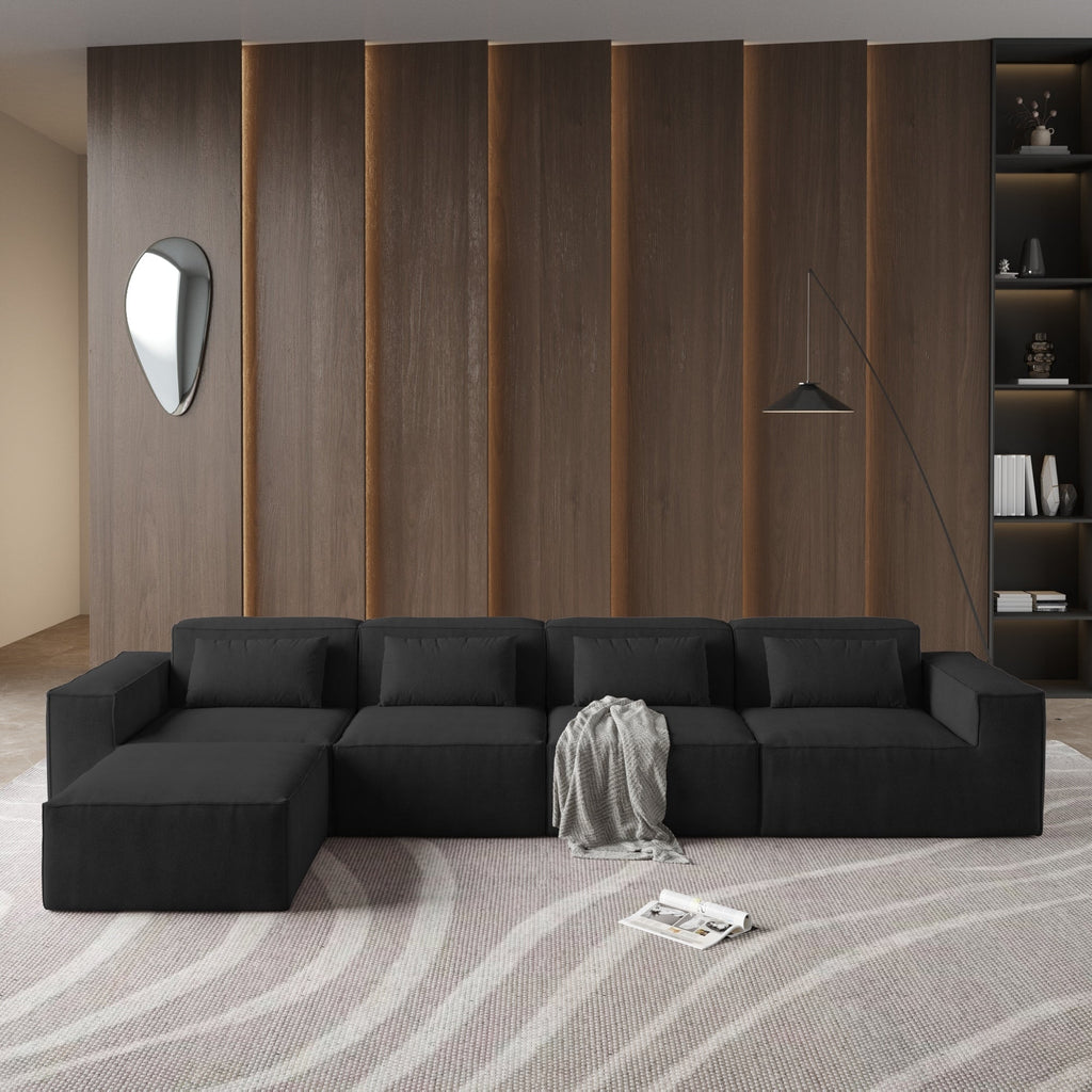 Canapé modulable en velours côtelé 5 places en forme de L avec plusieurs coussins