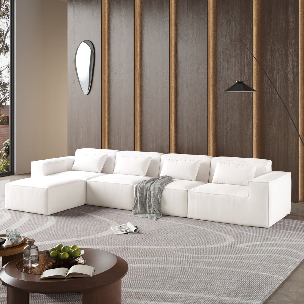 Canapé modulable en velours côtelé 5 places en forme de L avec plusieurs coussins