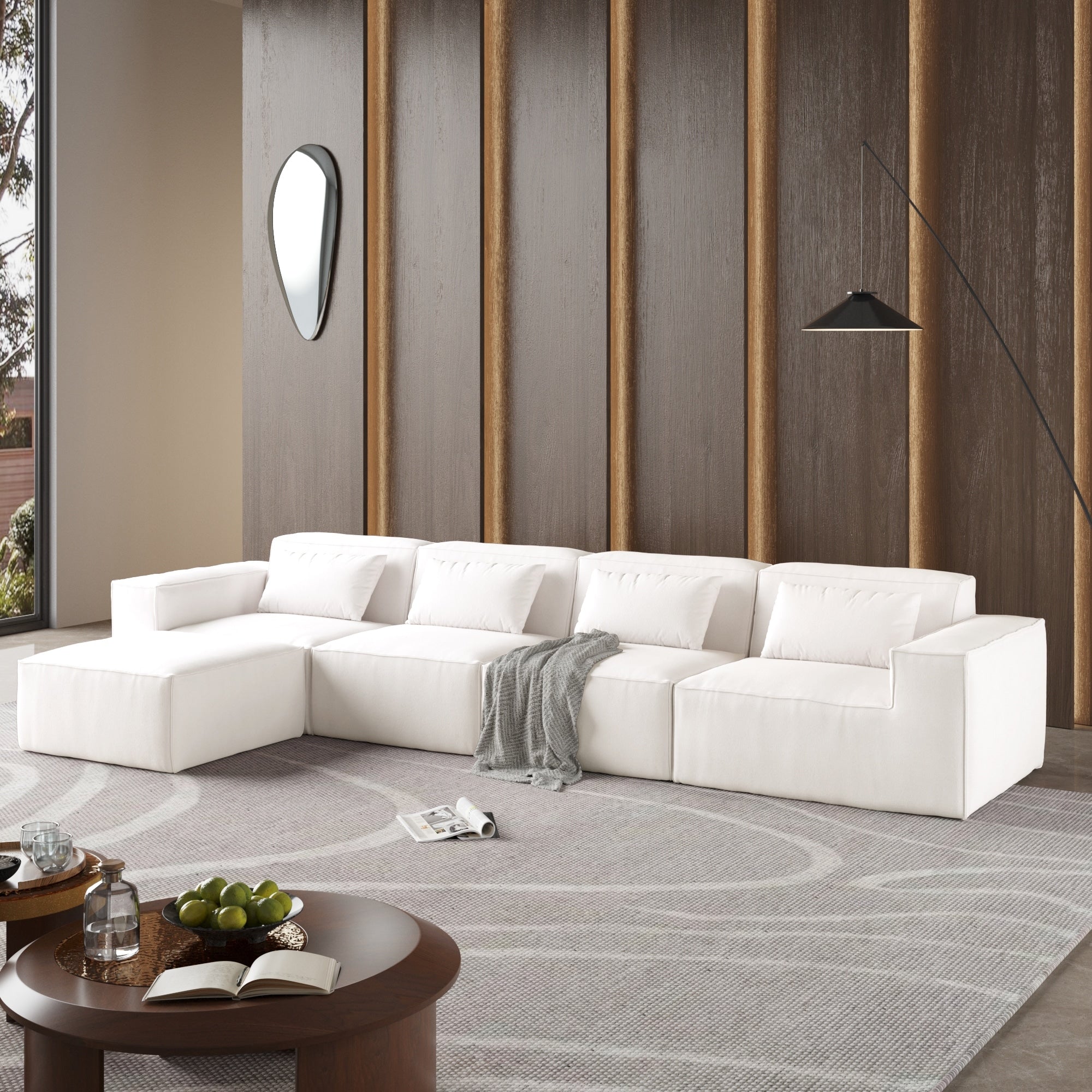 Canapé modulable en velours côtelé 5 places en forme de L avec plusieurs coussins