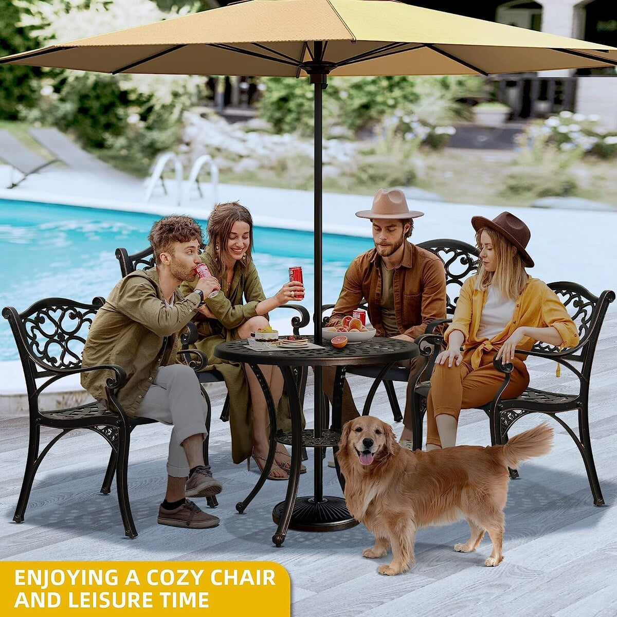 Ensemble de salle à manger de patio en aluminium moulé de 5 pièces avec trou pour parasol