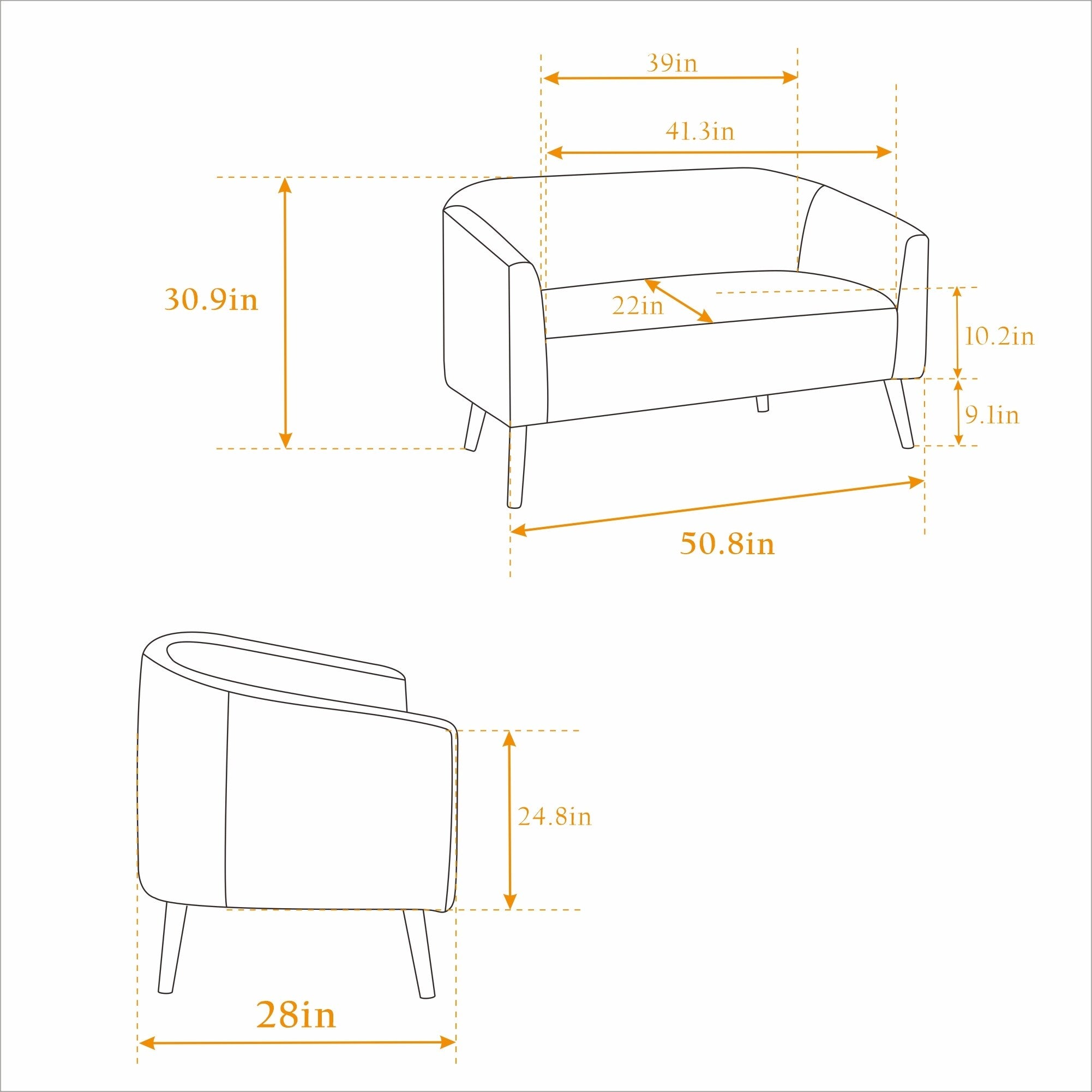 Canapé 2 places moderne à 50,78 $, tissu velours côtelé, avec pieds en bois naturel
