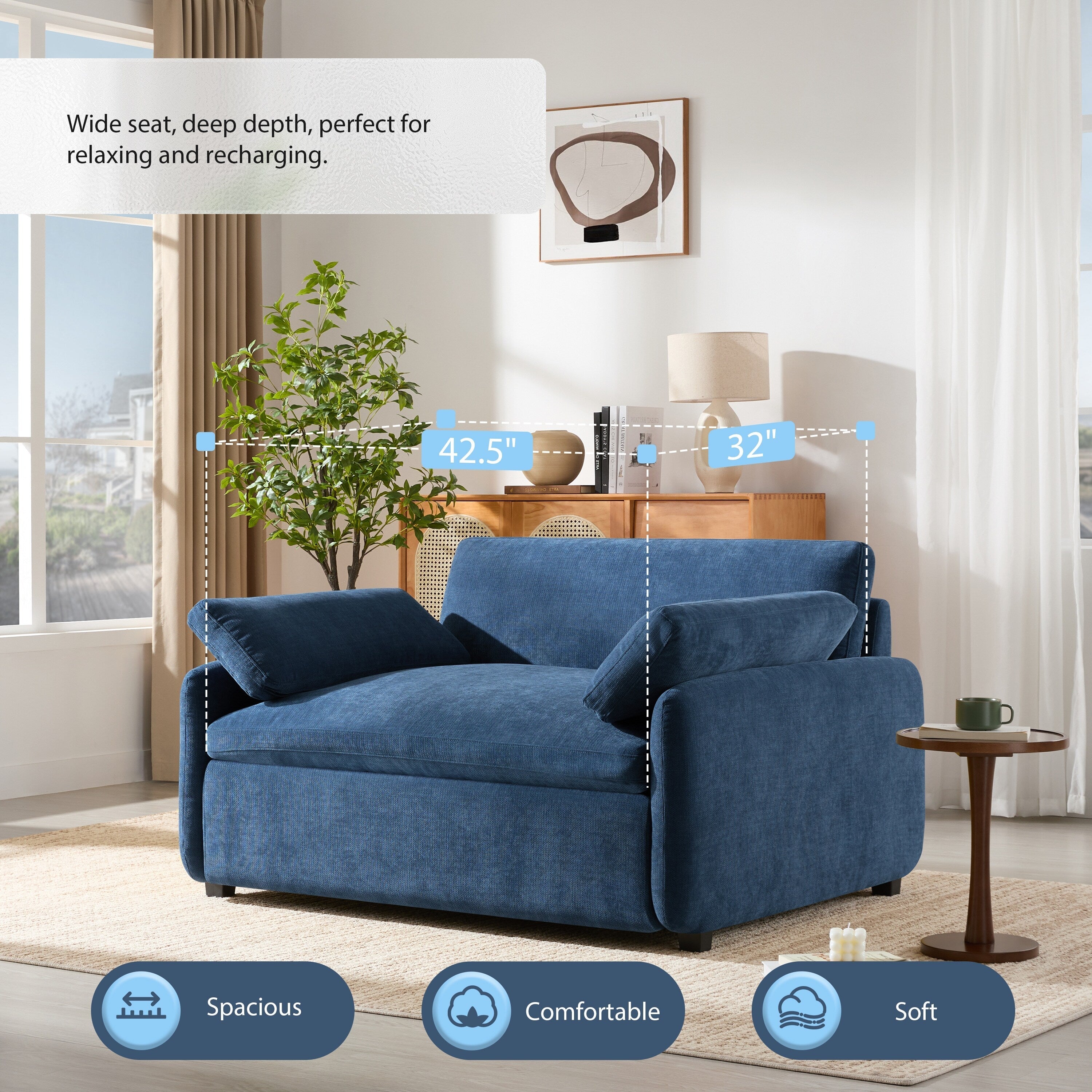 Fauteuil de salon surdimensionné en chenille de 50 po - Fauteuil à assise large et profonde avec motif à blocs de couleurs et coussins décoratifs