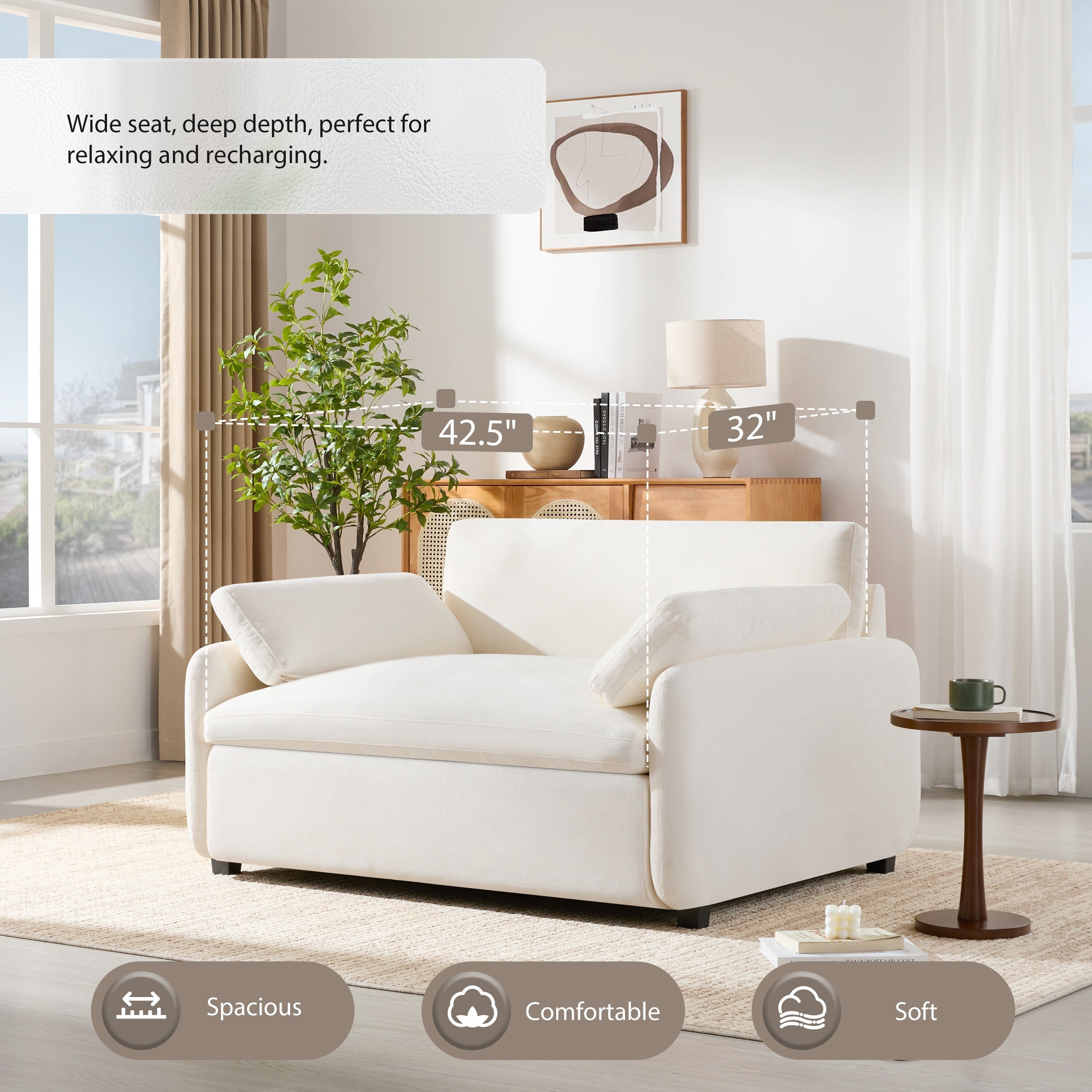 Fauteuil de salon surdimensionné en chenille de 50 po - Fauteuil à assise large et profonde avec motif à blocs de couleurs et coussins décoratifs