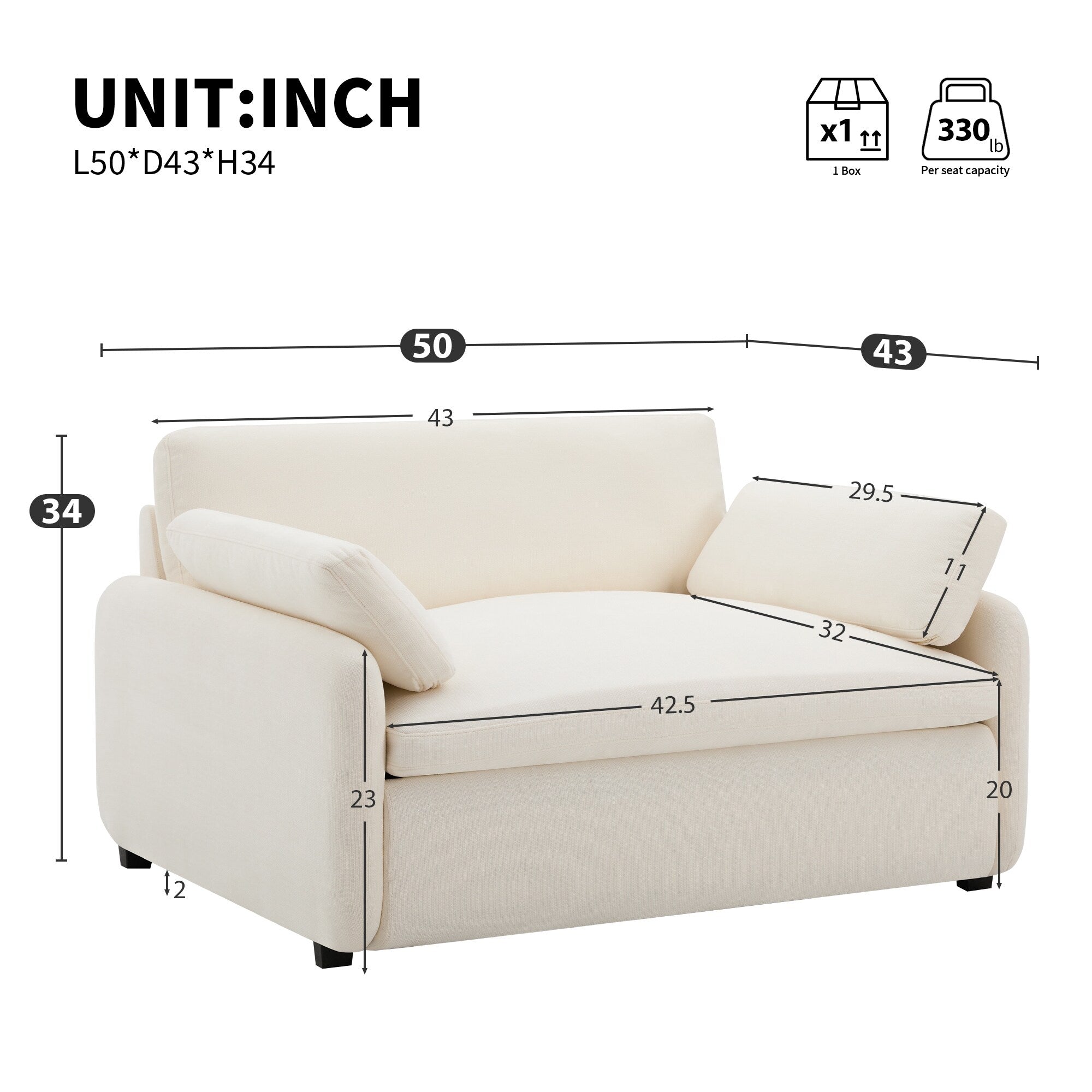 Fauteuil d'appoint simple surdimensionné en chenille 50 x 43, siège large et profond, fauteuil rembourré moderne et confortable