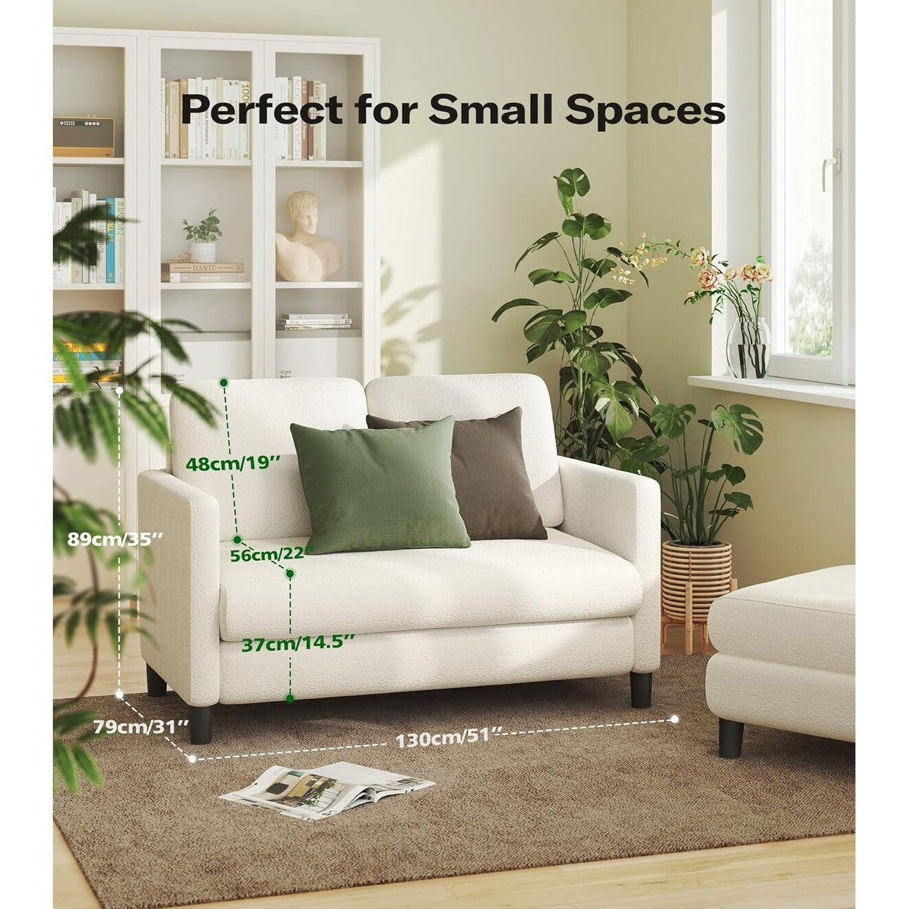 Canapé causeuse confortable Teddy 51 pour petits espaces - Structure tout bois, installation sans outil pour chambre et salon, beige