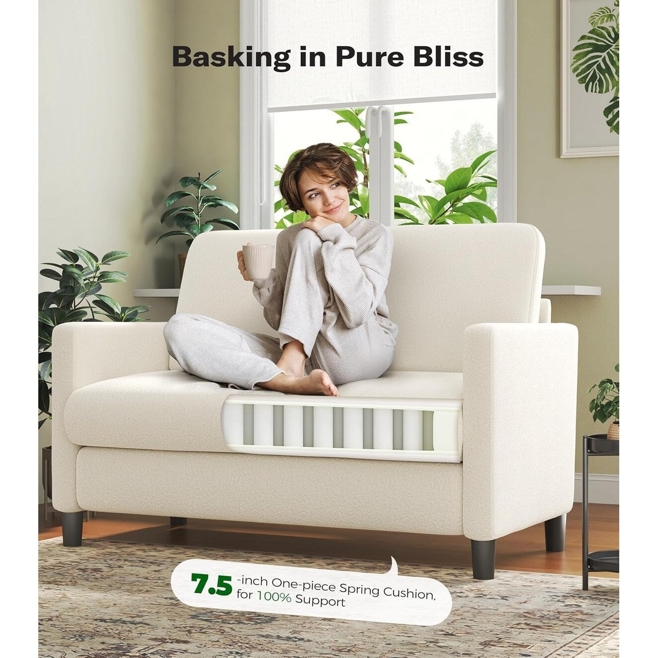 Canapé causeuse confortable Teddy 51 pour petits espaces - Structure tout bois, installation sans outil pour chambre et salon, beige