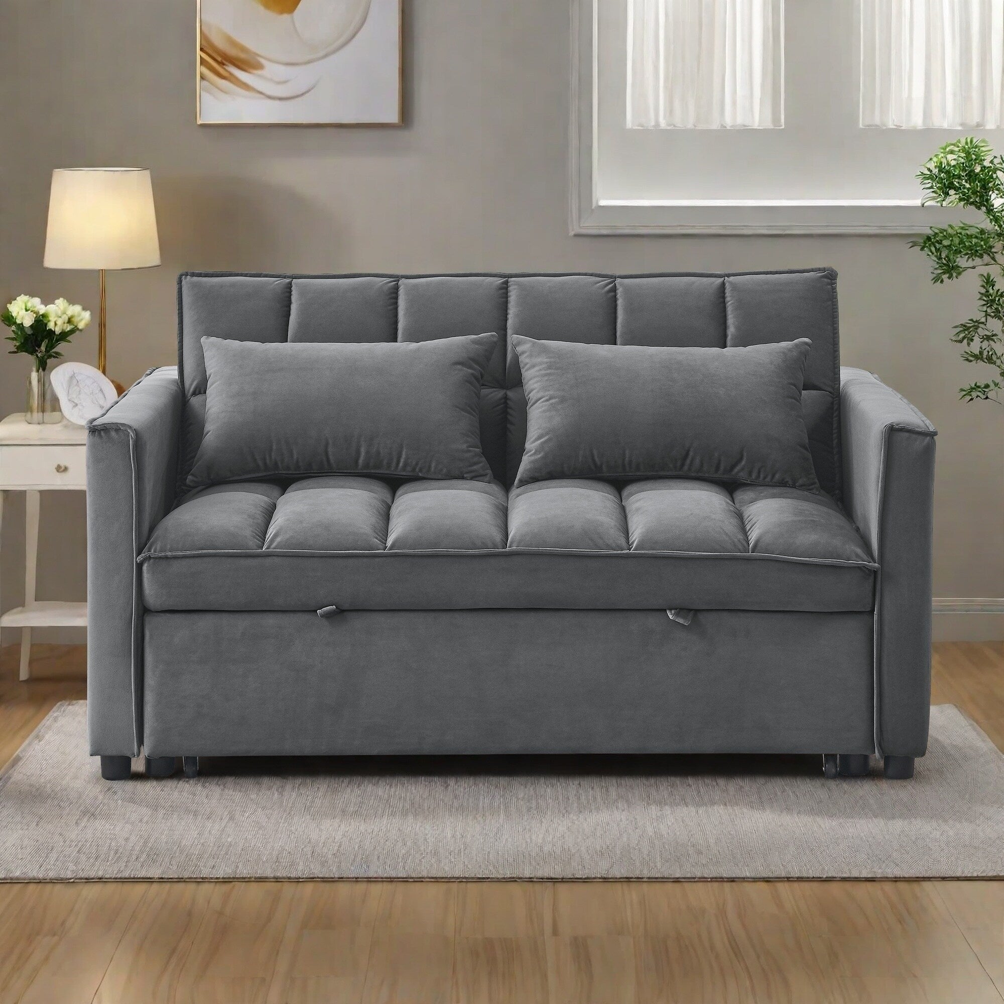 Canapé-lit 2 places en velours 53,94 $ avec dossier réglable sur 3 positions et deux poches latérales