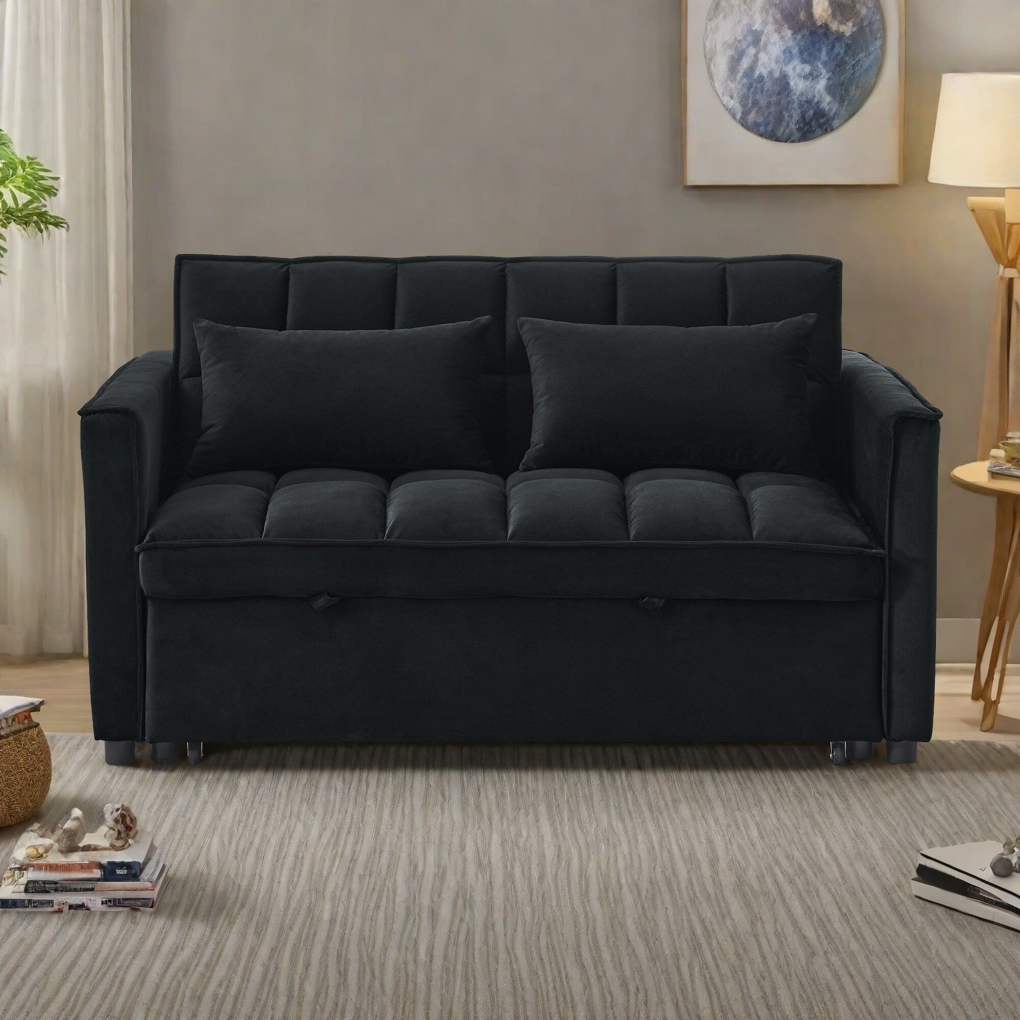 Canapé-lit 2 places en velours 53,94 $ avec dossier réglable sur 3 positions et deux poches latérales