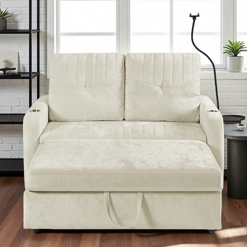 Canapé convertible en chenille de 53,9 po avec lit gigogne, 3 ports USB et rangement intelligent