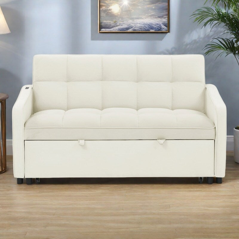 Canapé-lit modulable en mousse de 53 po avec lit gigogne, chargement USB/Type-C, garniture en cuivre et poches de rangement pour les accoudoirs