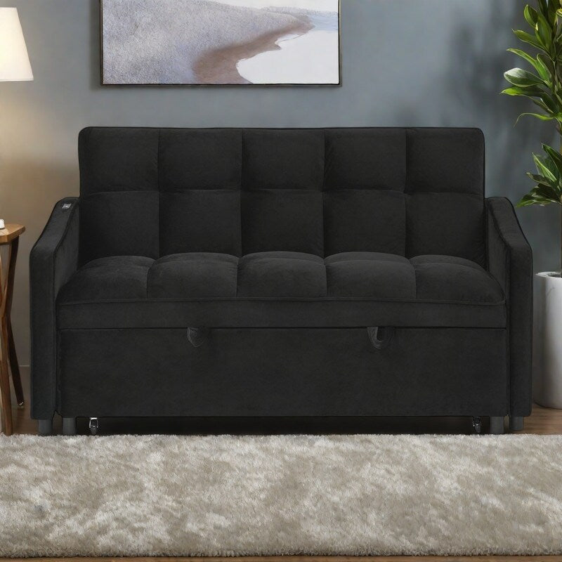 Canapé-lit modulable en mousse de 53 po avec lit gigogne, chargement USB/Type-C, garniture en cuivre et poches de rangement pour les accoudoirs