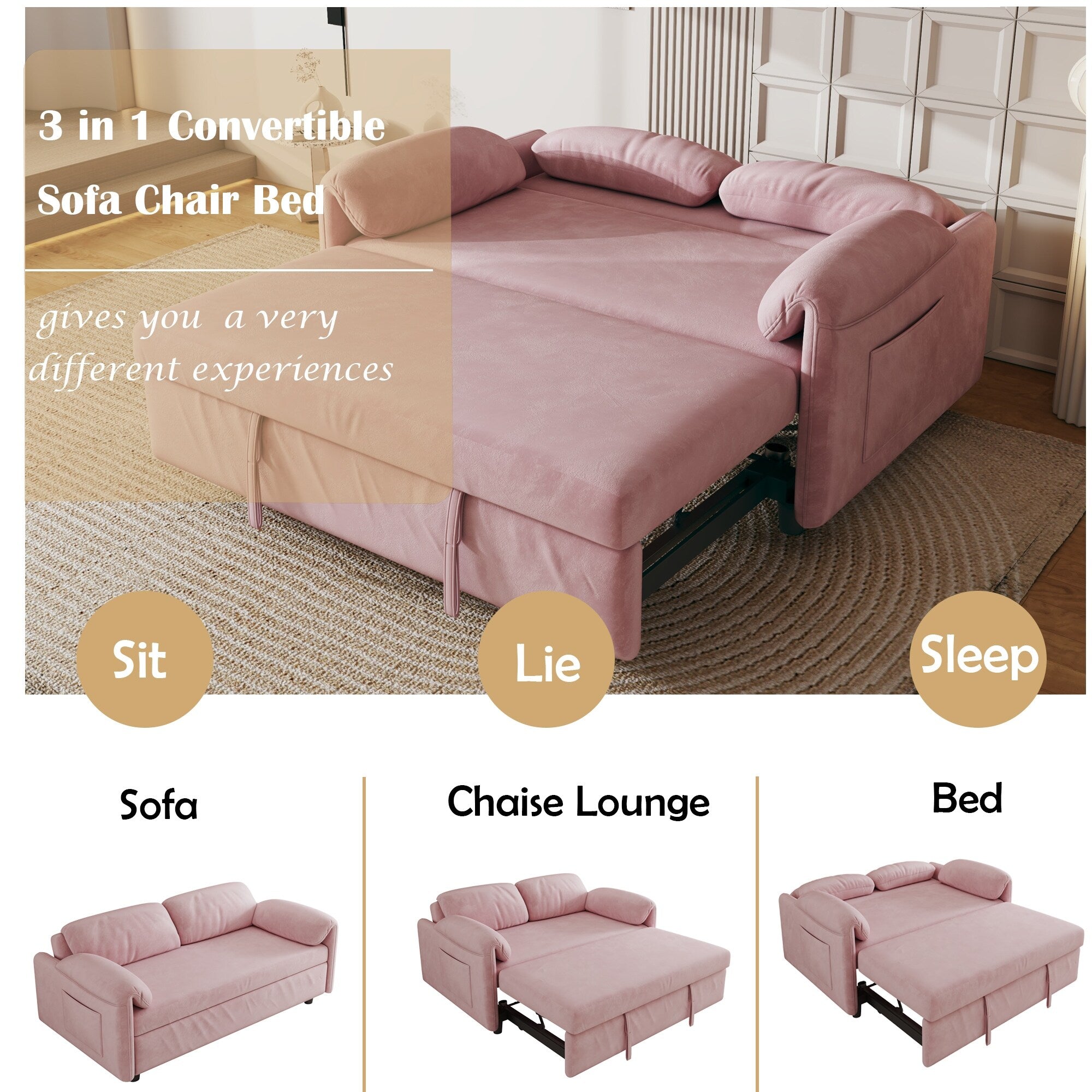Canapé-lit en velours de 54 pouces - Conception polyvalente avec lit queen-size rétractable et rangement pour accoudoirs