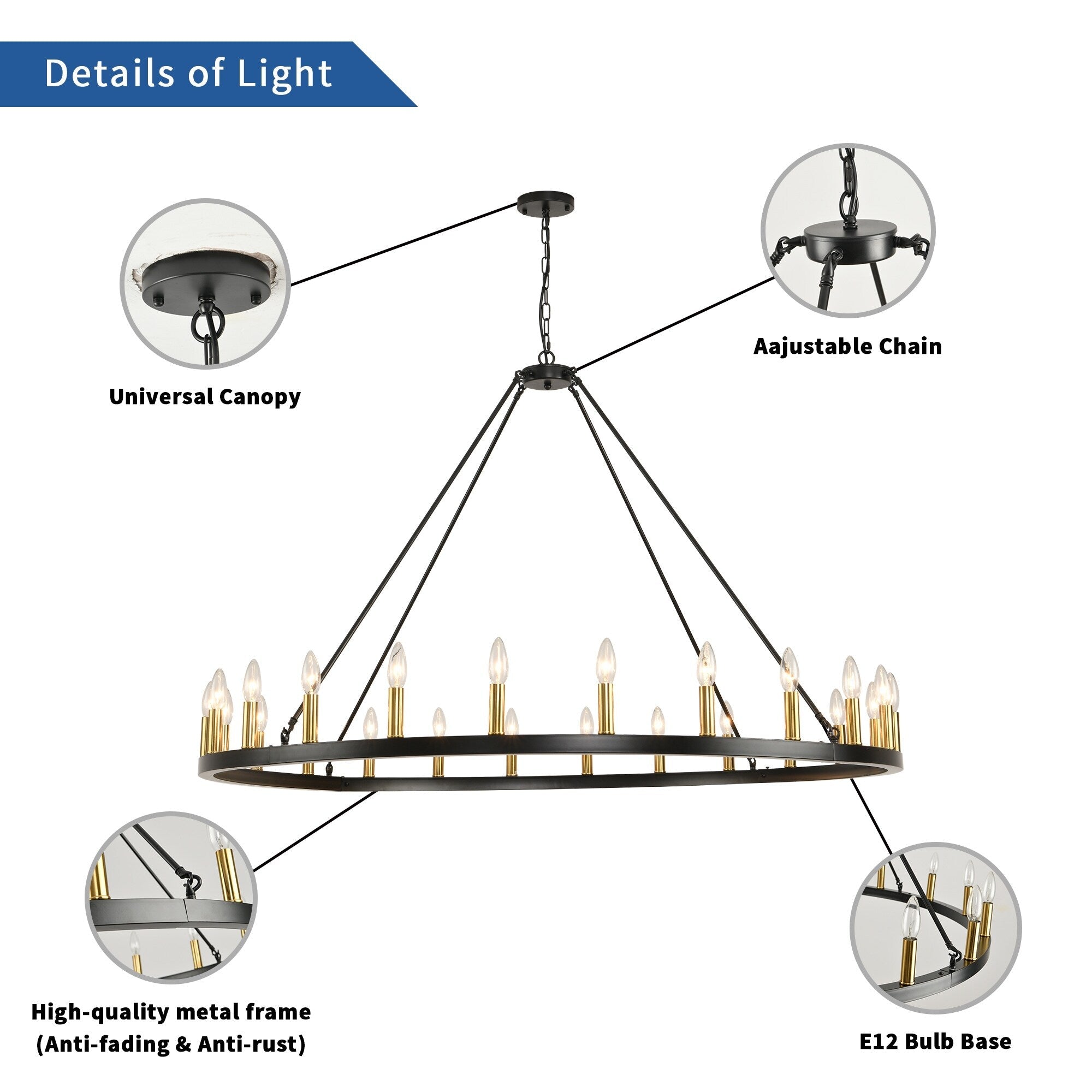 Lustre rond à 24 lumières en forme de roue de chariot de 54 pouces