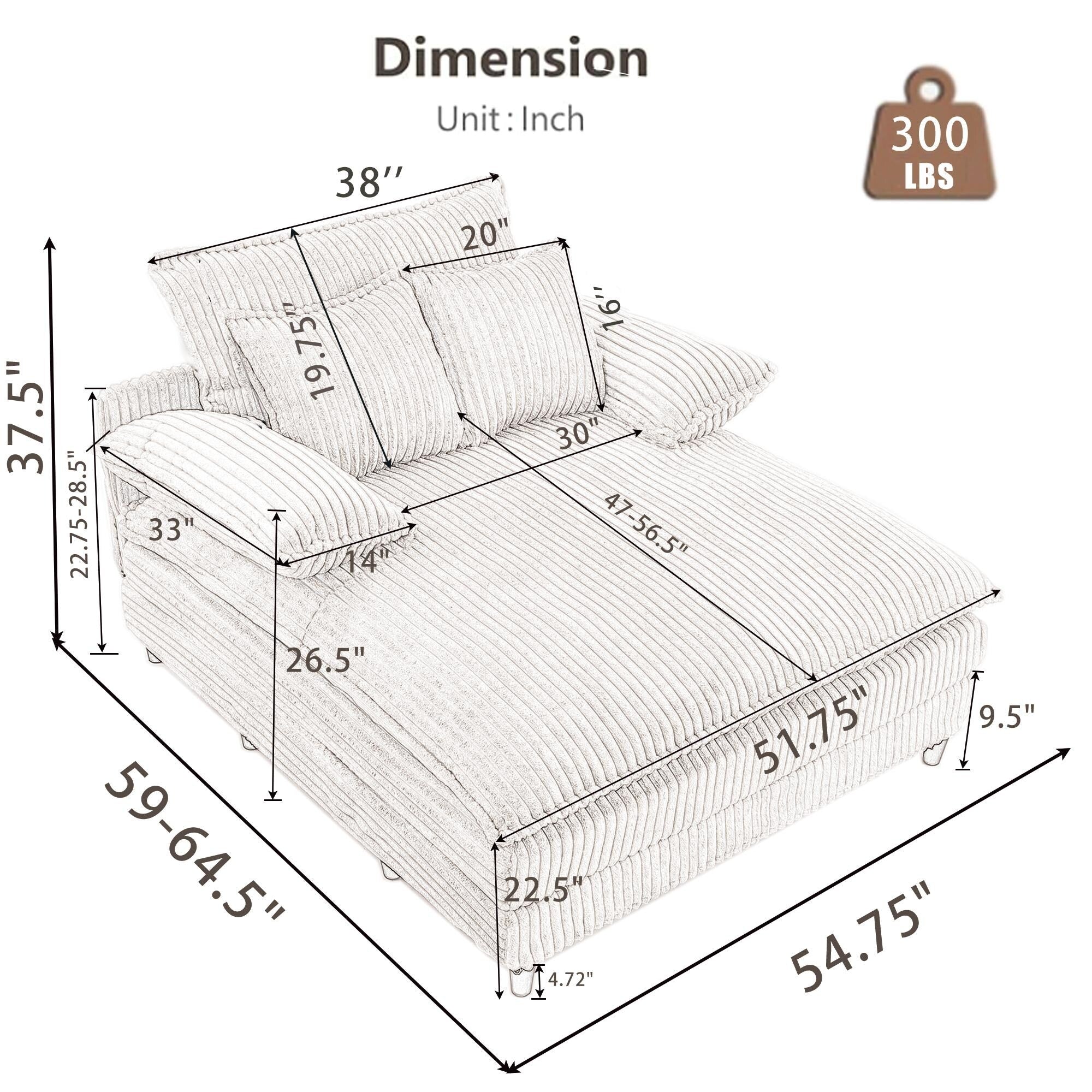Chaise longue surdimensionnée de 54,75 W, canapé-lit moelleux et rembourré avec 2 oreillers
