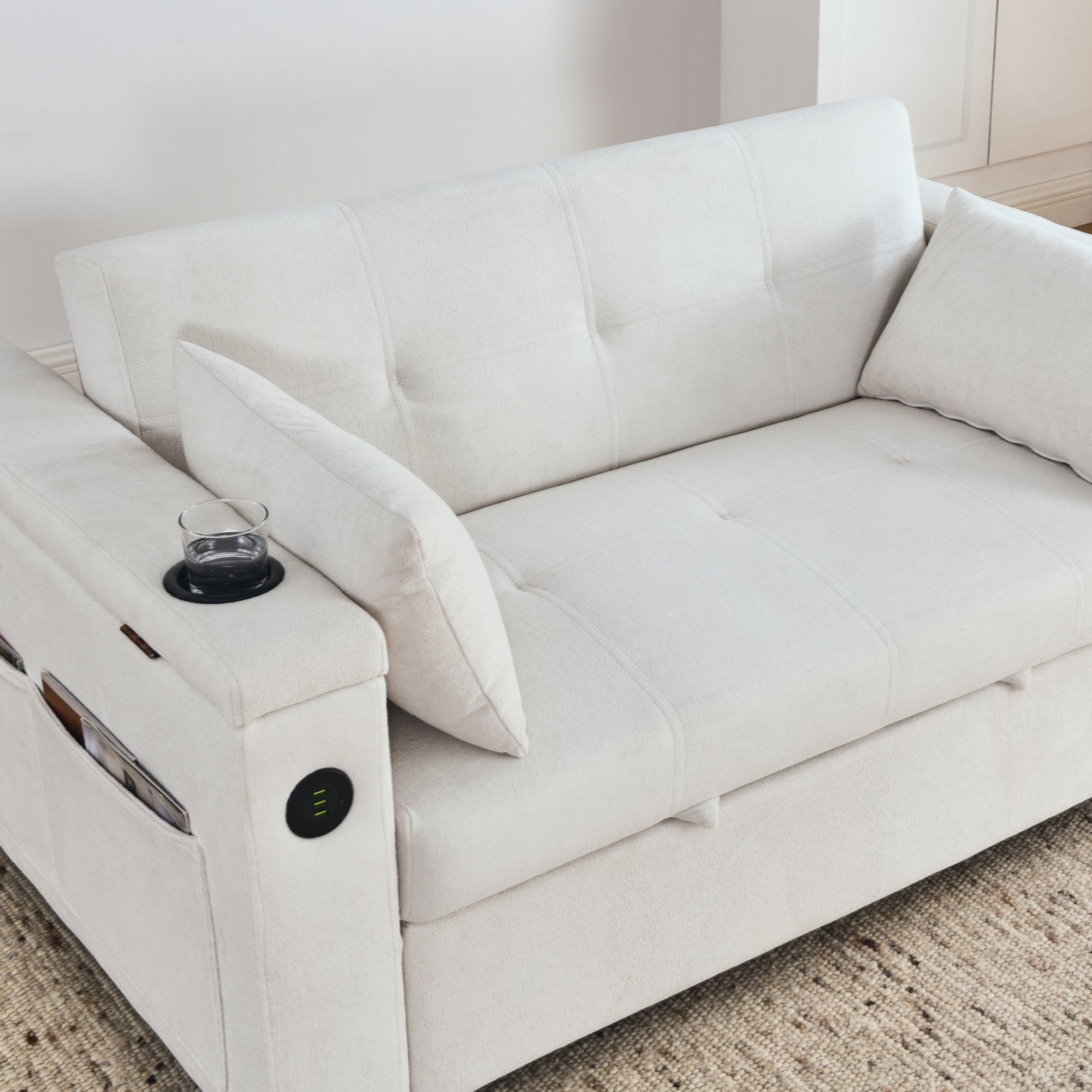 Canapé-lit gigogne 54 places inclinable avec accoudoirs, rangements et poches latérales, prise USB