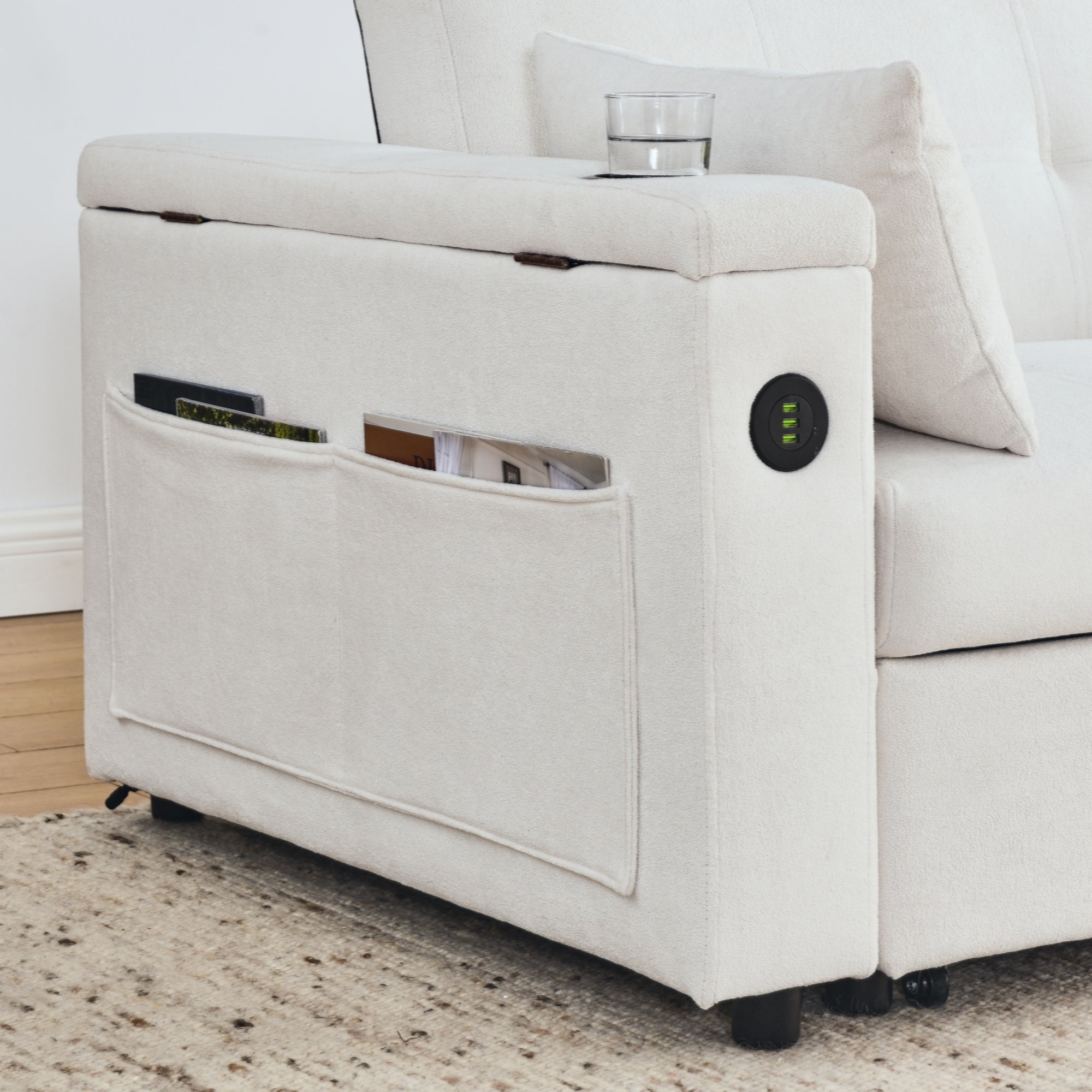 Canapé-lit gigogne 54 places inclinable avec accoudoirs, rangements et poches latérales, prise USB