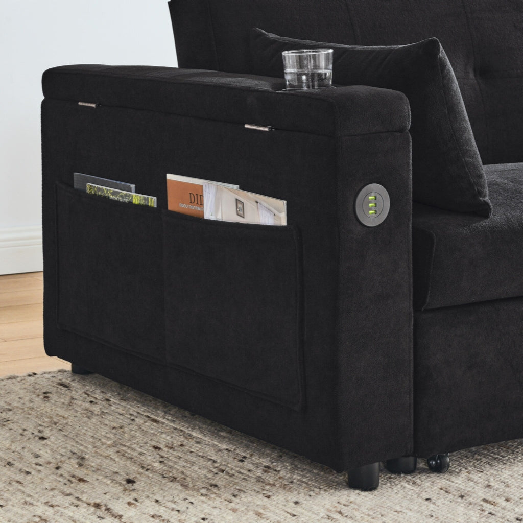 Canapé-lit gigogne 54 places inclinable avec accoudoirs, rangements et poches latérales, prise USB