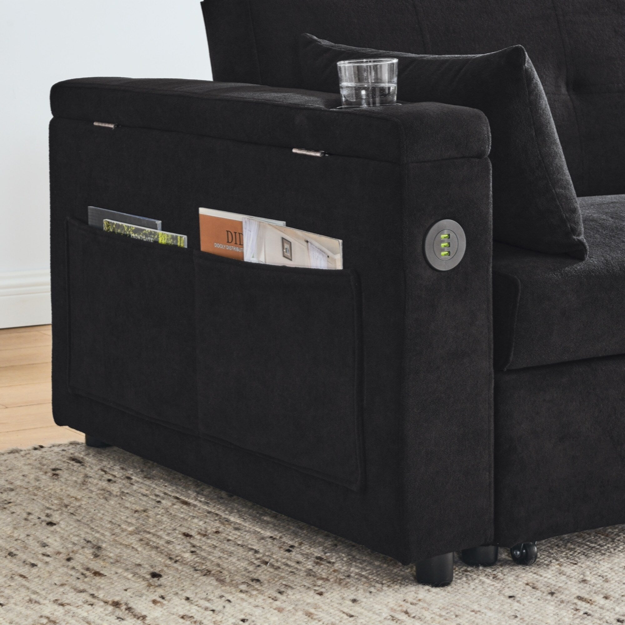 Canapé-lit gigogne 54 places inclinable avec accoudoirs, rangements et poches latérales, prise USB