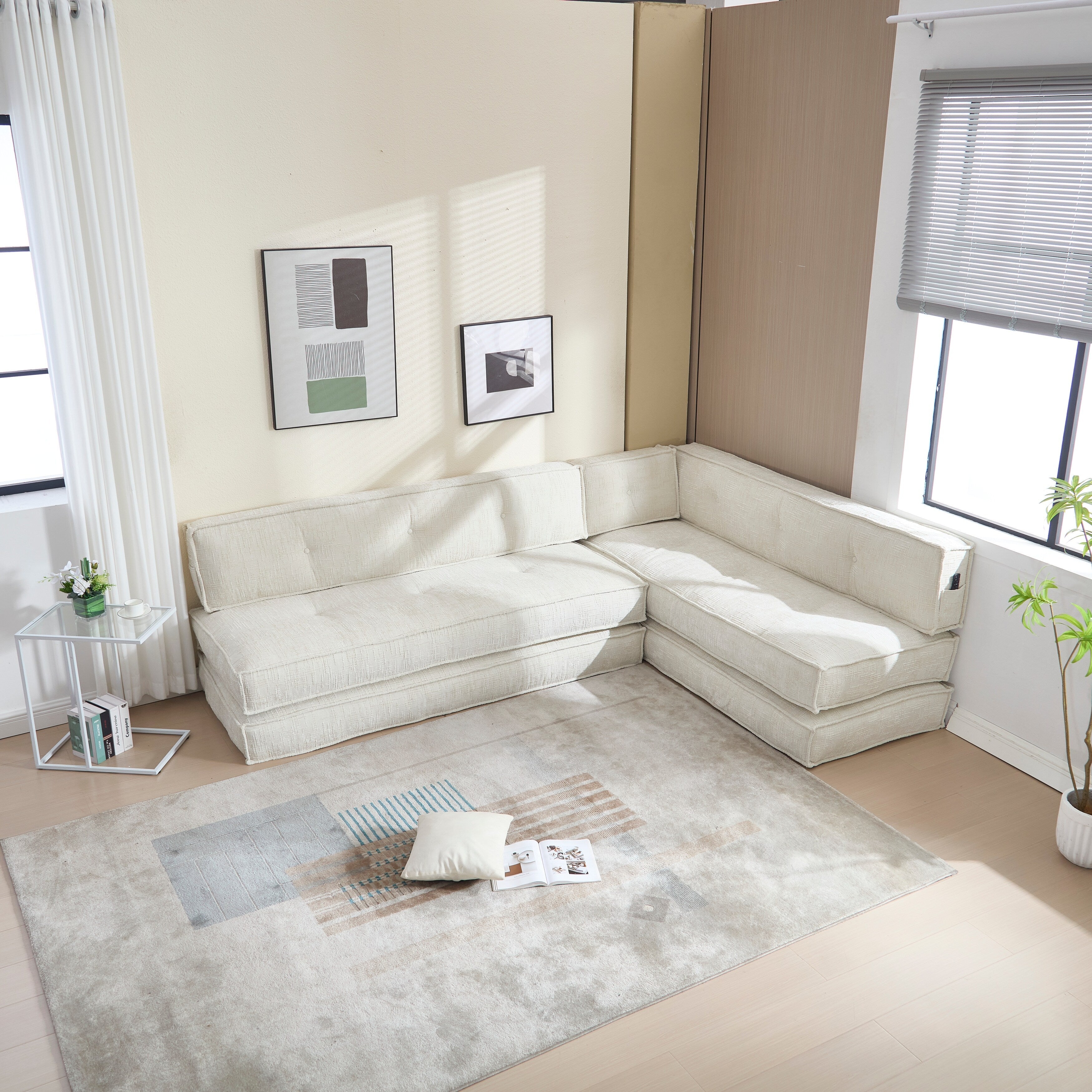 Canapé convertible 3 en 1 en velours bleu de 55 pouces avec poches