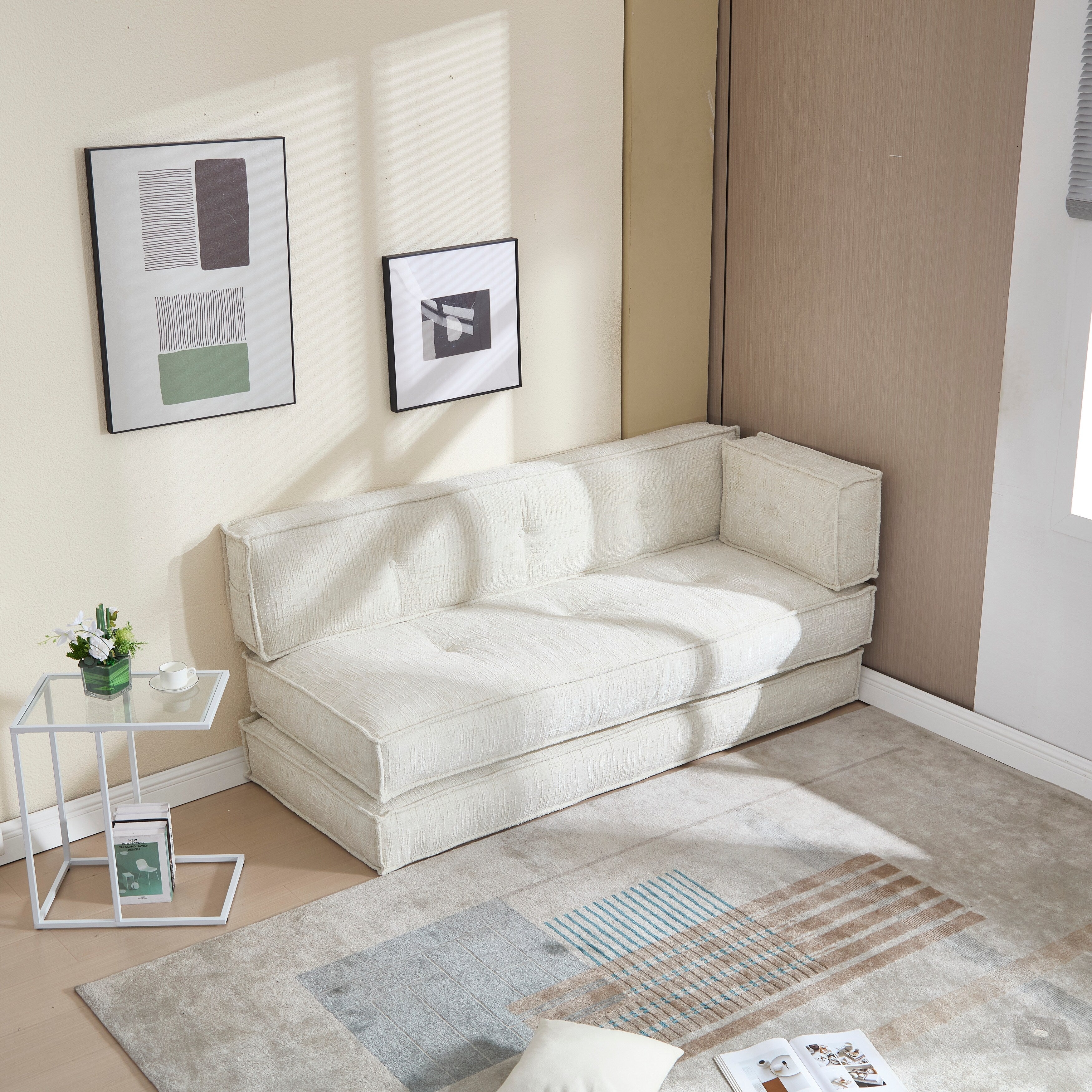 Canapé convertible 3 en 1 en velours bleu de 55 pouces avec poches