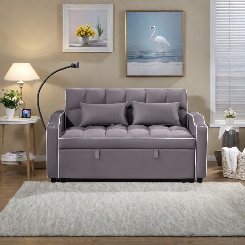 Canapé-lit pliant multi-positions en daim 55.11 avec port de chargement USB, support de téléphone rotatif et cendrier