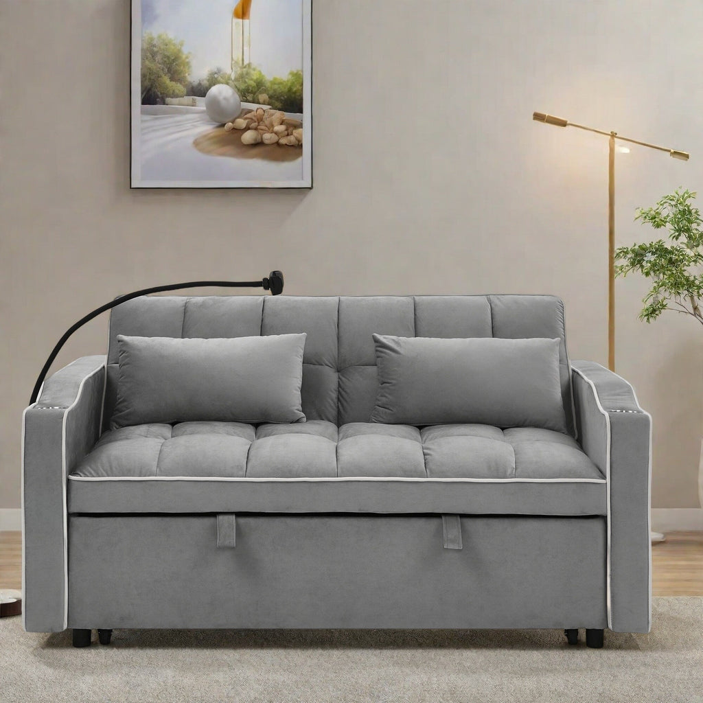 Canapé 2 places en bois massif 55,5" avec ports de chargement USB et support pour téléphone, avec 2 coussins moelleux.