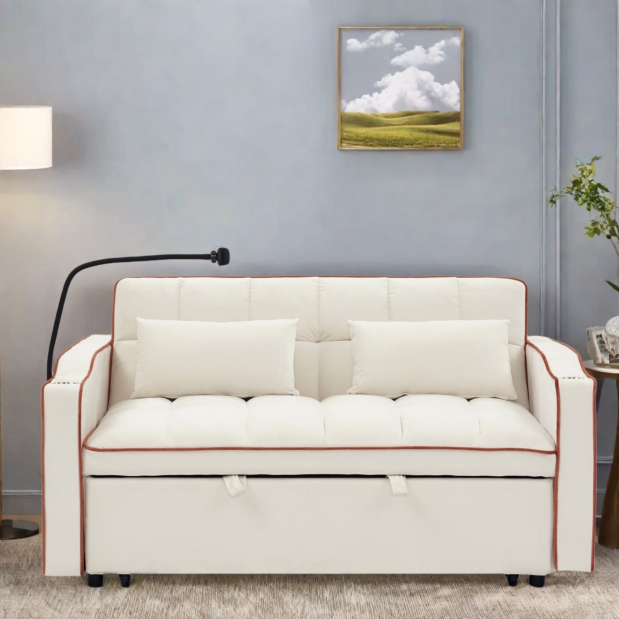 Canapé 2 places en bois massif 55,5" avec ports de chargement USB et support pour téléphone, avec 2 coussins moelleux.