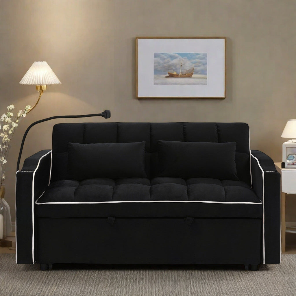 Canapé 2 places en bois massif 55,5" avec ports de chargement USB et support pour téléphone, avec 2 coussins moelleux.