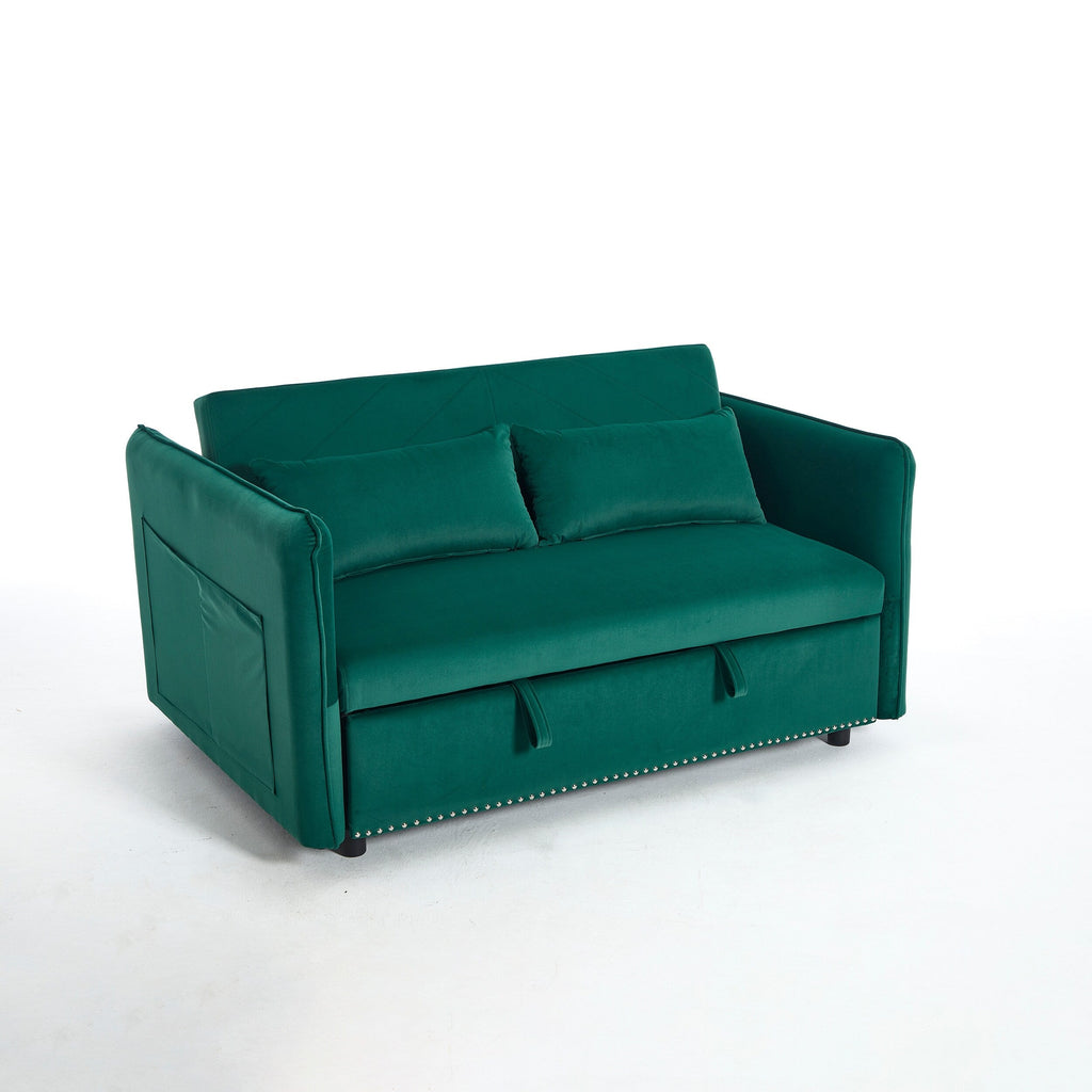 Canapé-lit convertible 3 en 1 en velours de 55 pouces avec dossier inclinable, poches latérales et 2 oreillers