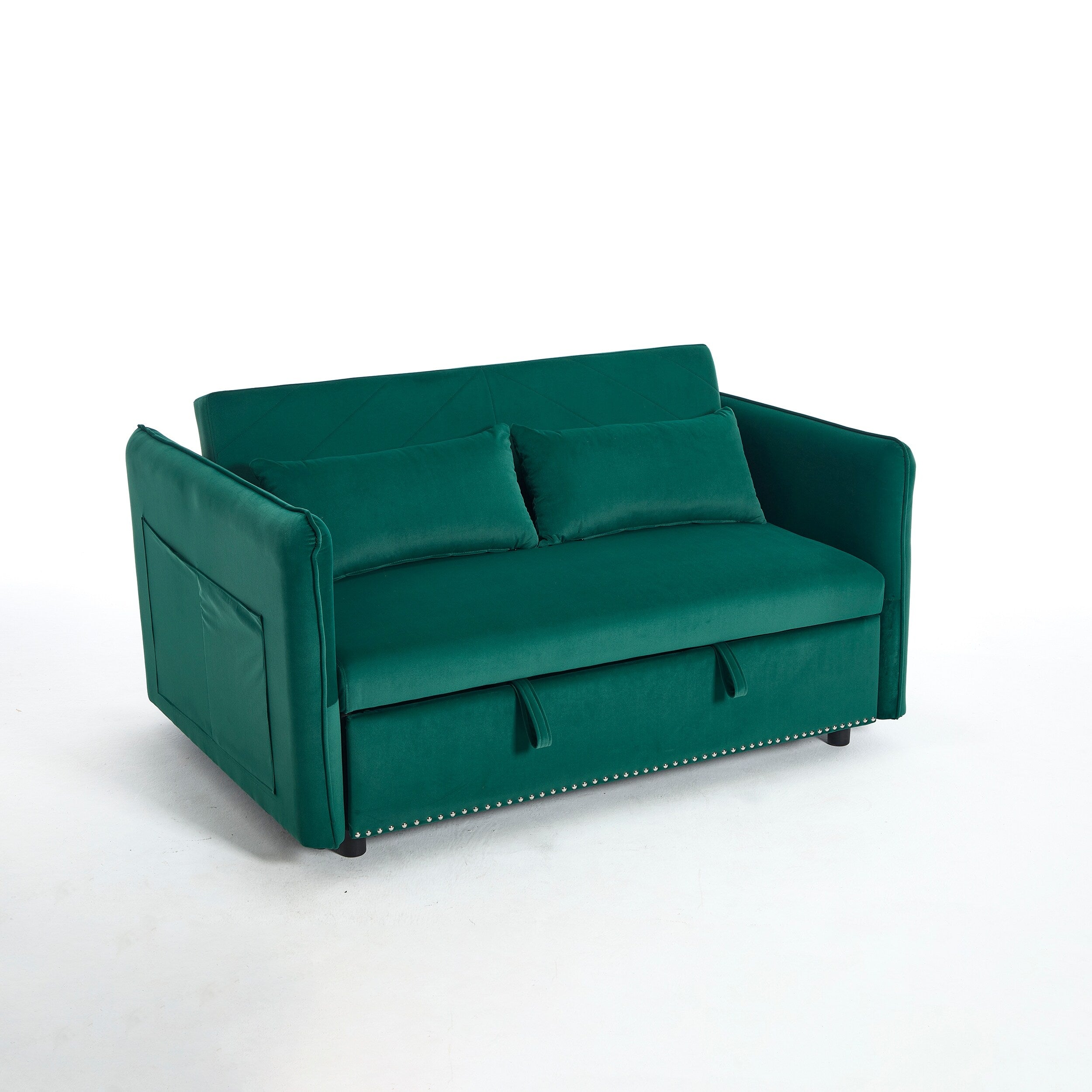 Canapé-lit convertible 3 en 1 en velours de 55 pouces avec dossier inclinable, poches latérales et 2 oreillers