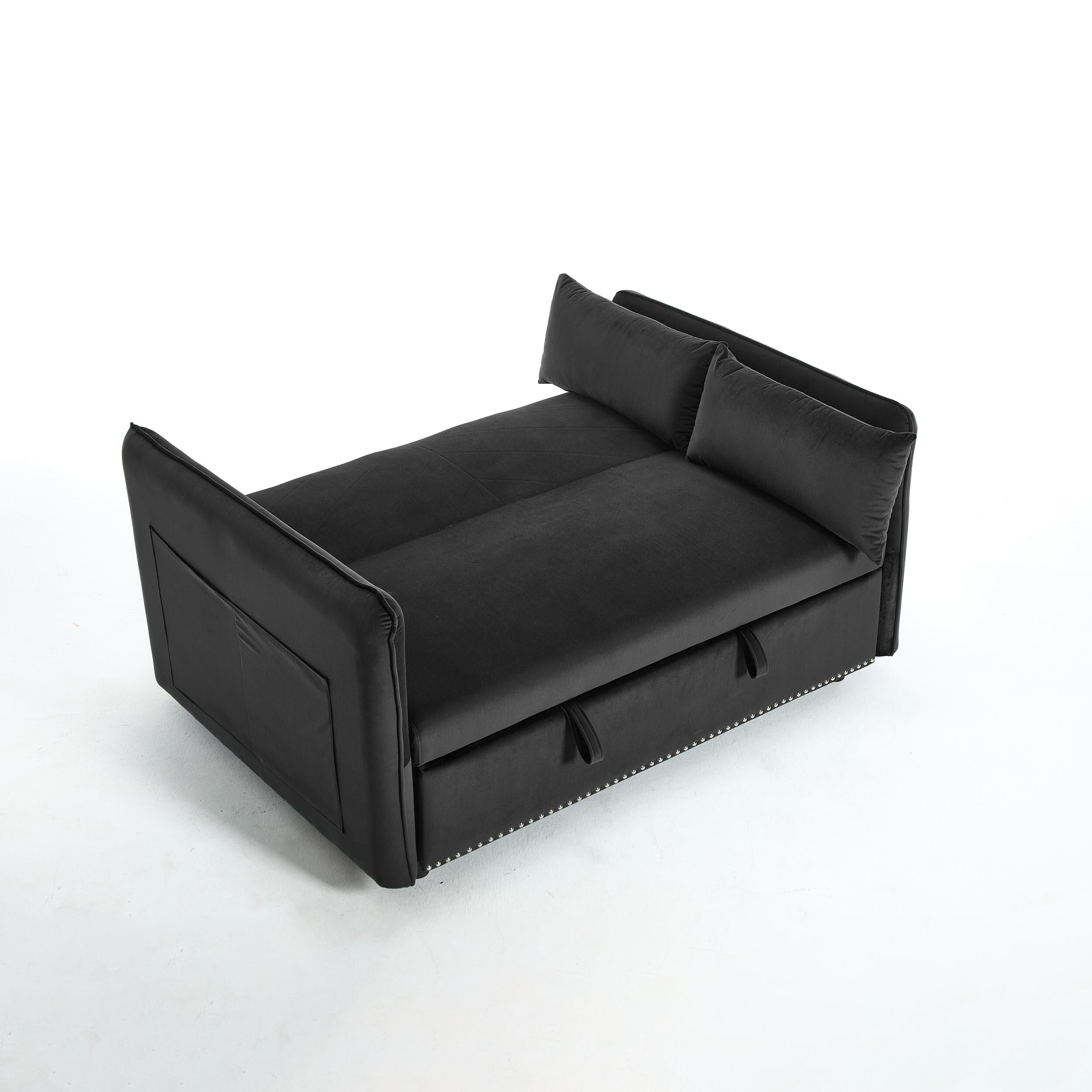 Canapé-lit convertible 3 en 1 en velours de 55 pouces avec dossier inclinable, poches latérales et 2 oreillers