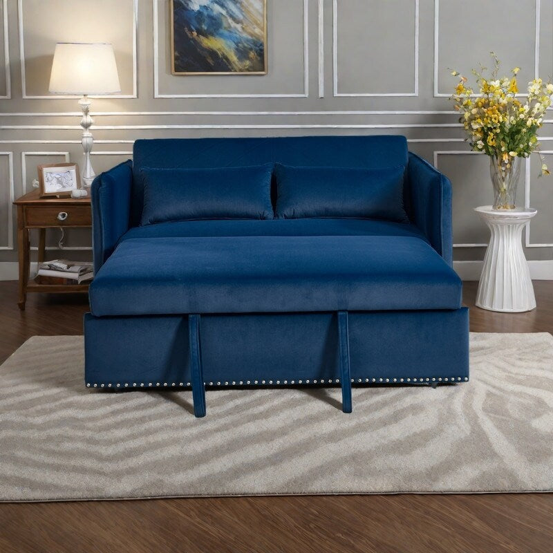 Canapé-lit convertible 3 en 1 en velours de 55 pouces avec dossier inclinable, poches latérales et 2 oreillers