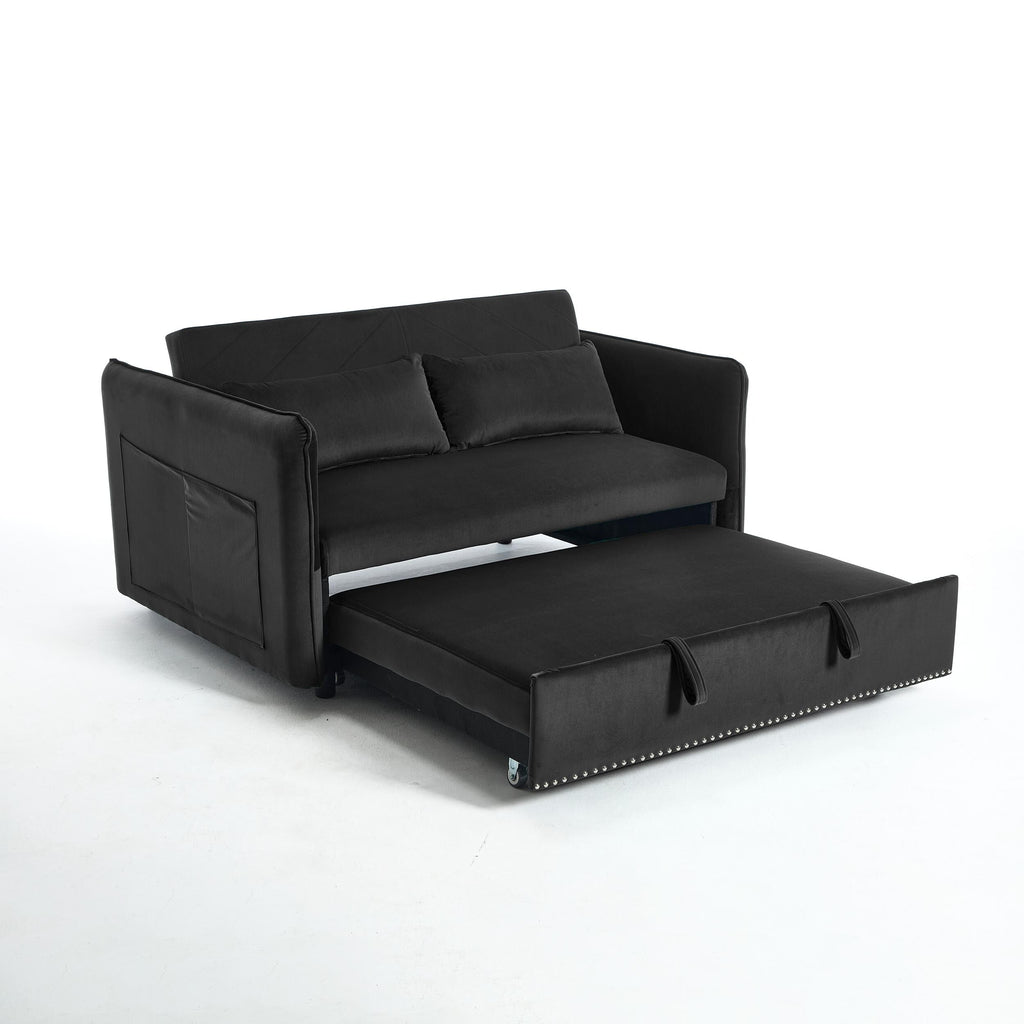 Canapé-lit convertible 3 en 1 en velours de 55 pouces avec dossier inclinable, poches latérales et 2 oreillers