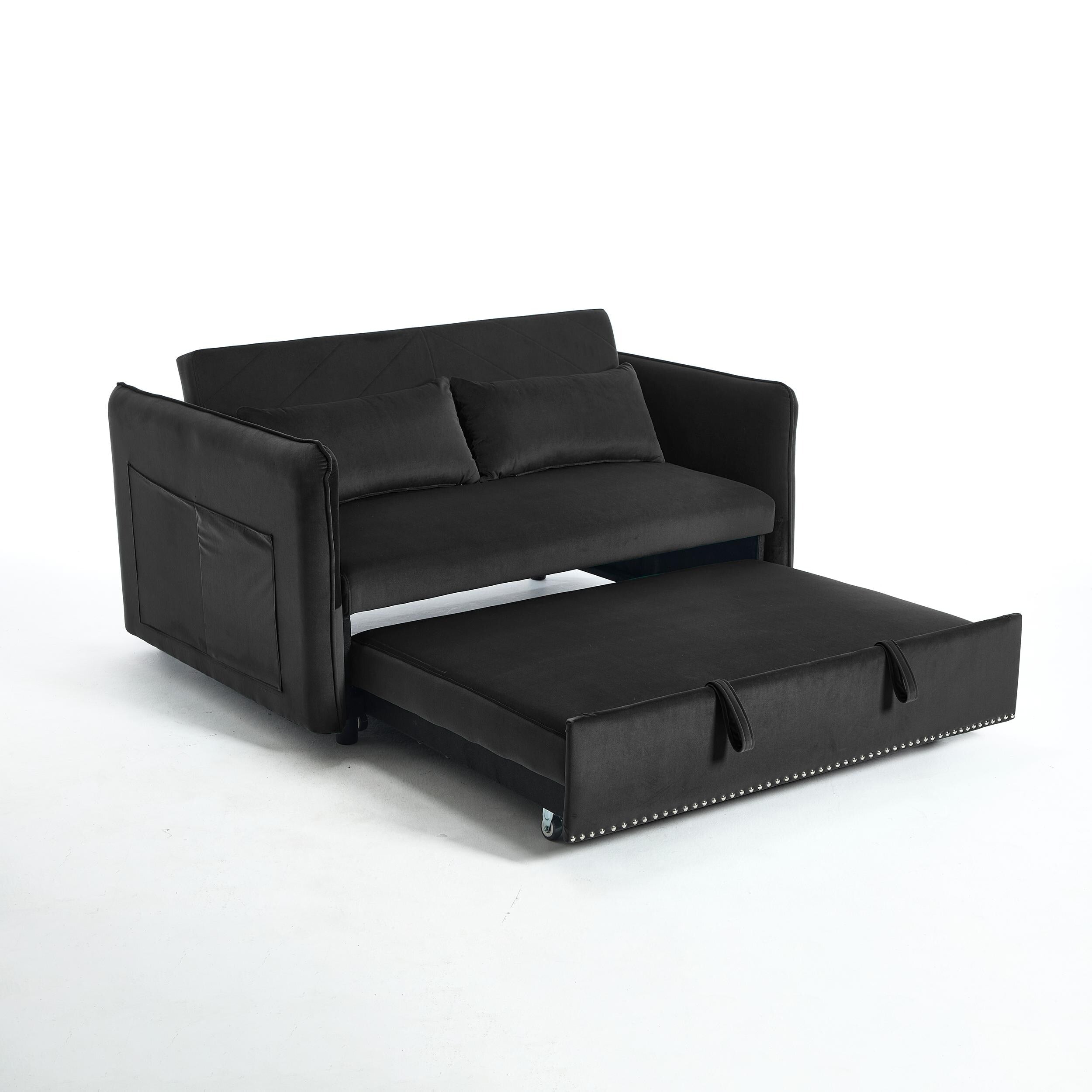 Canapé-lit convertible 3 en 1 en velours de 55 pouces avec dossier inclinable, poches latérales et 2 oreillers