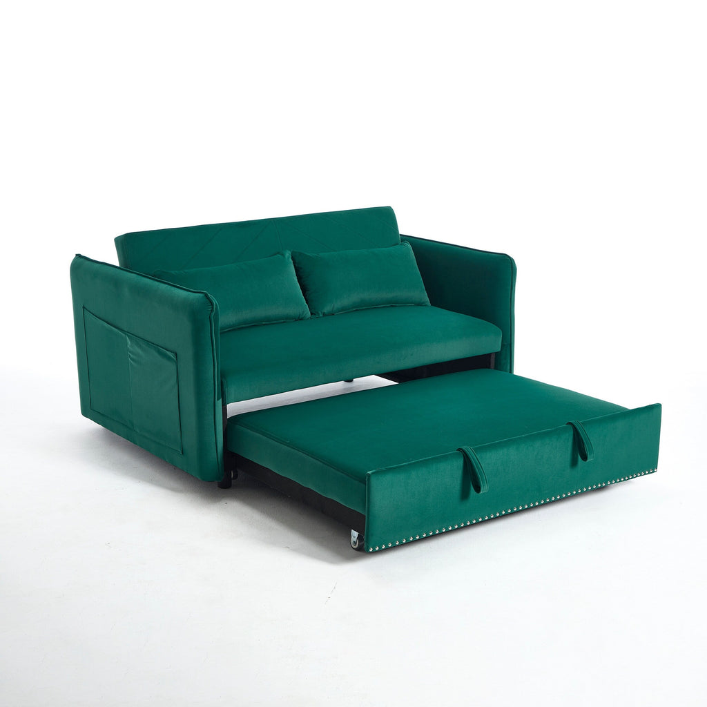 Canapé-lit convertible 3 en 1 en velours de 55 pouces avec dossier inclinable, poches latérales et 2 oreillers