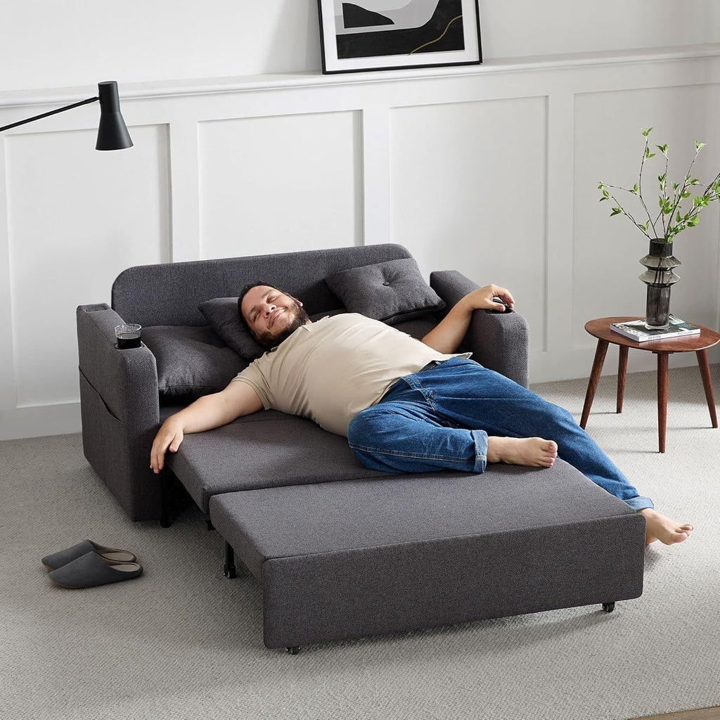 Canapé-lit convertible 3 en 1 de 56 pouces - Canapé-lit gigogne avec porte-gobelets et ports USB, canapé gris foncé pour le salon