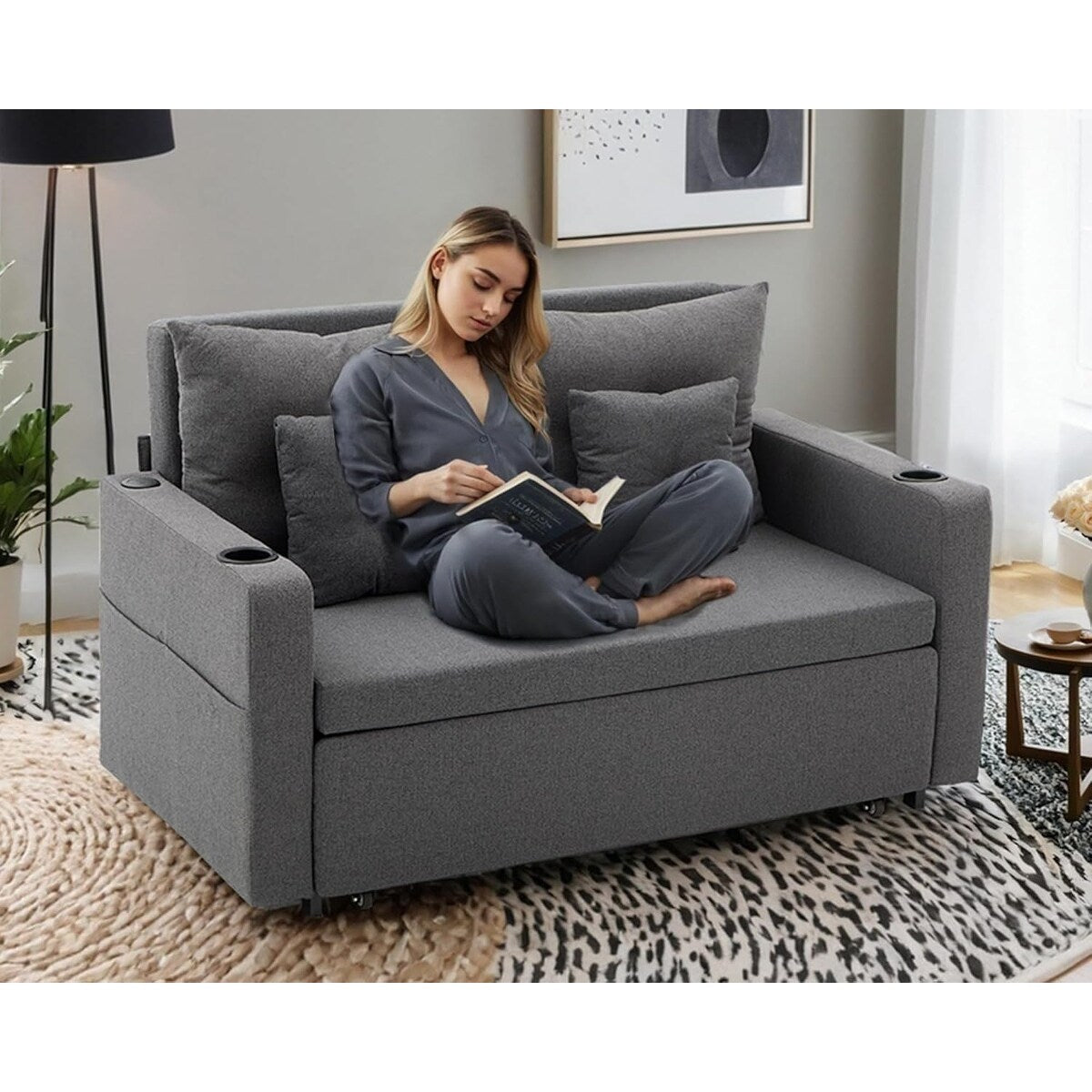 Canapé-lit convertible 3 en 1 de 56 pouces - Canapé-lit gigogne avec porte-gobelets et ports USB, canapé gris foncé pour le salon